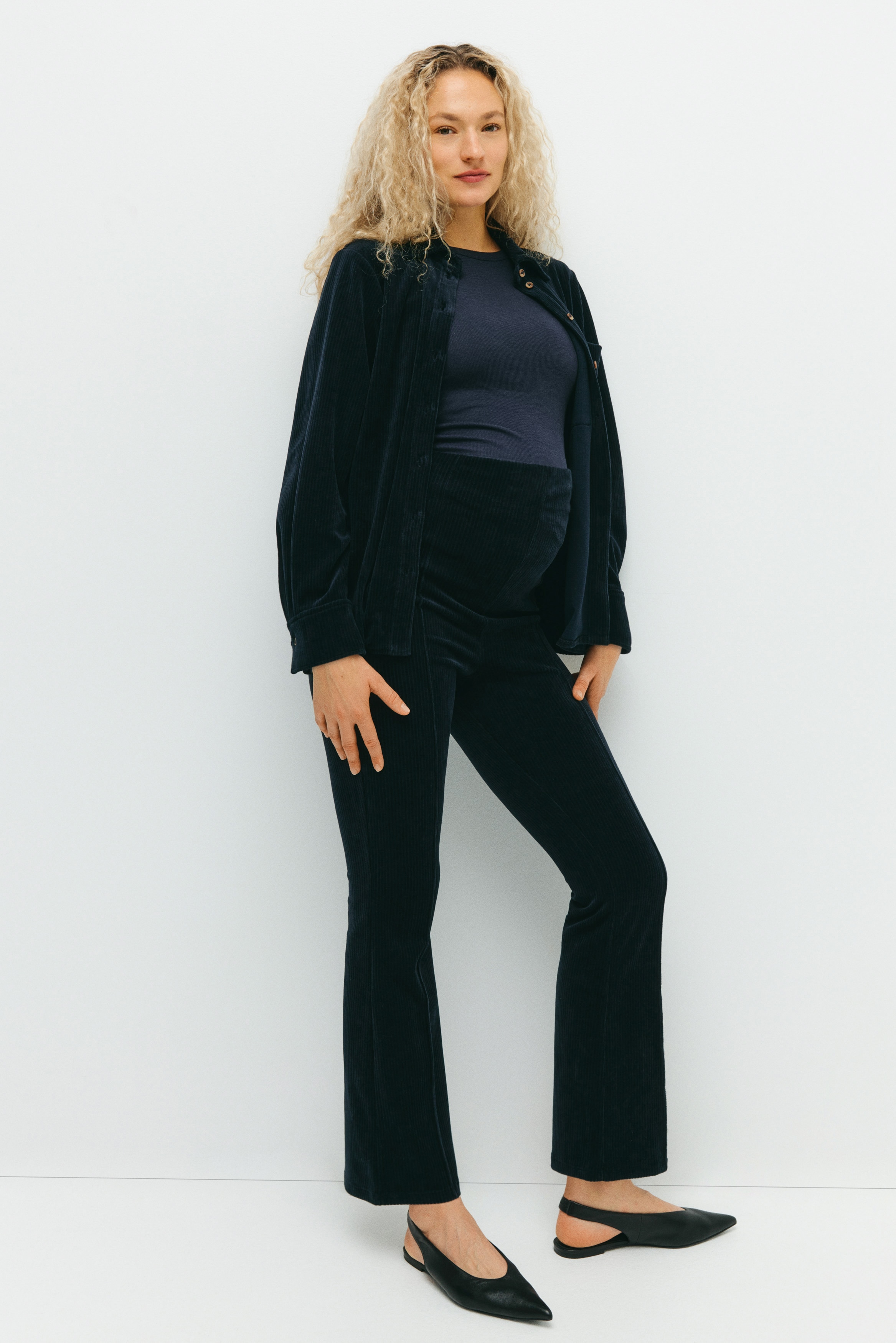 H&M MAMA - Navy blue MAMA Flared velour trousers - Size: XL  - H&M