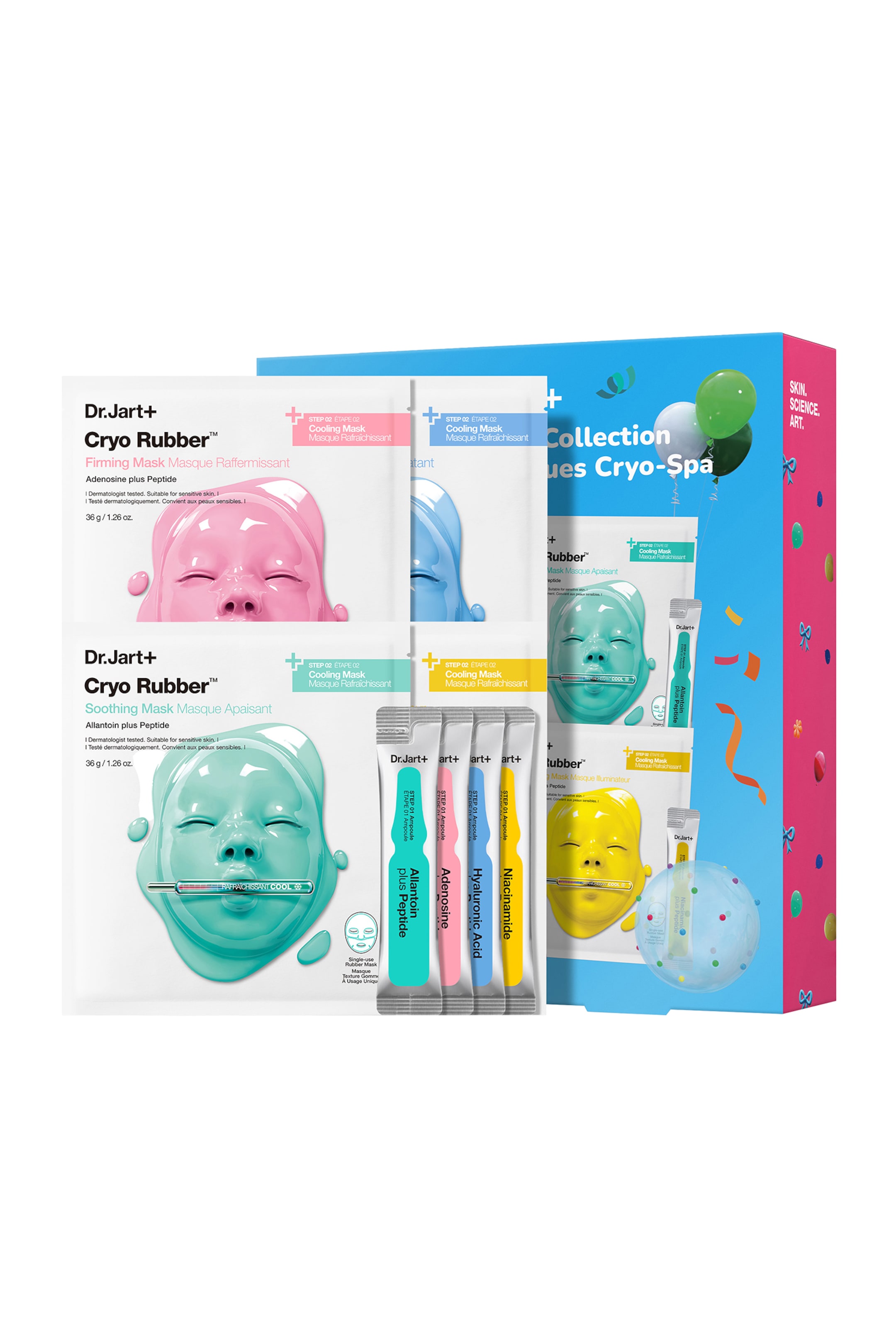 Visa större bild: Dr. Jart+ Cryo Spa Mask Collection visas i en blå- och rosa presentask som står upprätt och vänd framåt, med fyra fyrkantiga sheet mask-förpackningar och fyra smala ampullpåsar arrangerade i förgrunden. Sheet mask-förpackningarna visar illustrationer av gummifacemasker i rosa, blått, grönt och gult, medan de motsvarande engångsampullpåsarna står vertikalt i en prydlig rad.