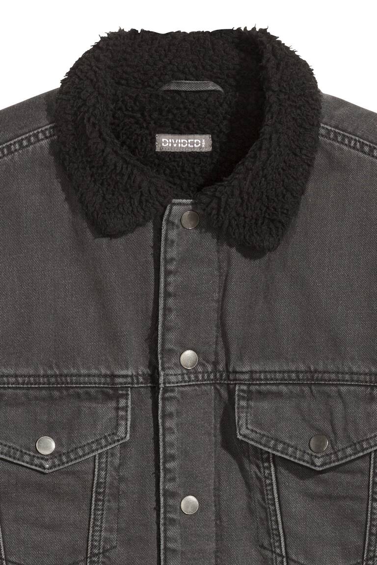 Leather Jacket Pile Collar Denim Jacket Pile-lined Denim Jacket  Black/Washed Out Men H&M GB