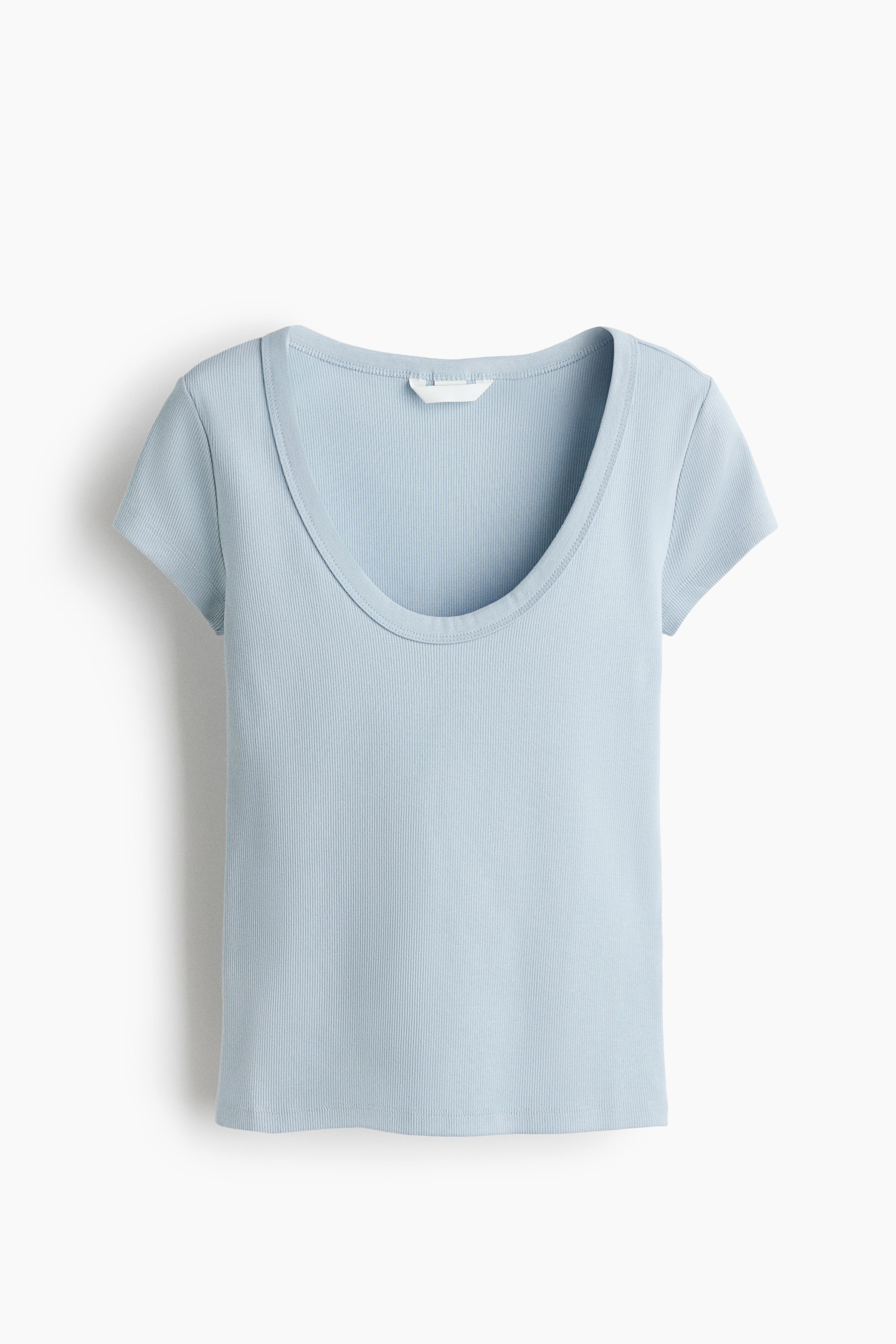 View larger image: A light blue fitted t-shirt is showcasing its front, crafted from ribbed cotton jersey, featuring a scoop neckline, short sleeves, and a straight hem.