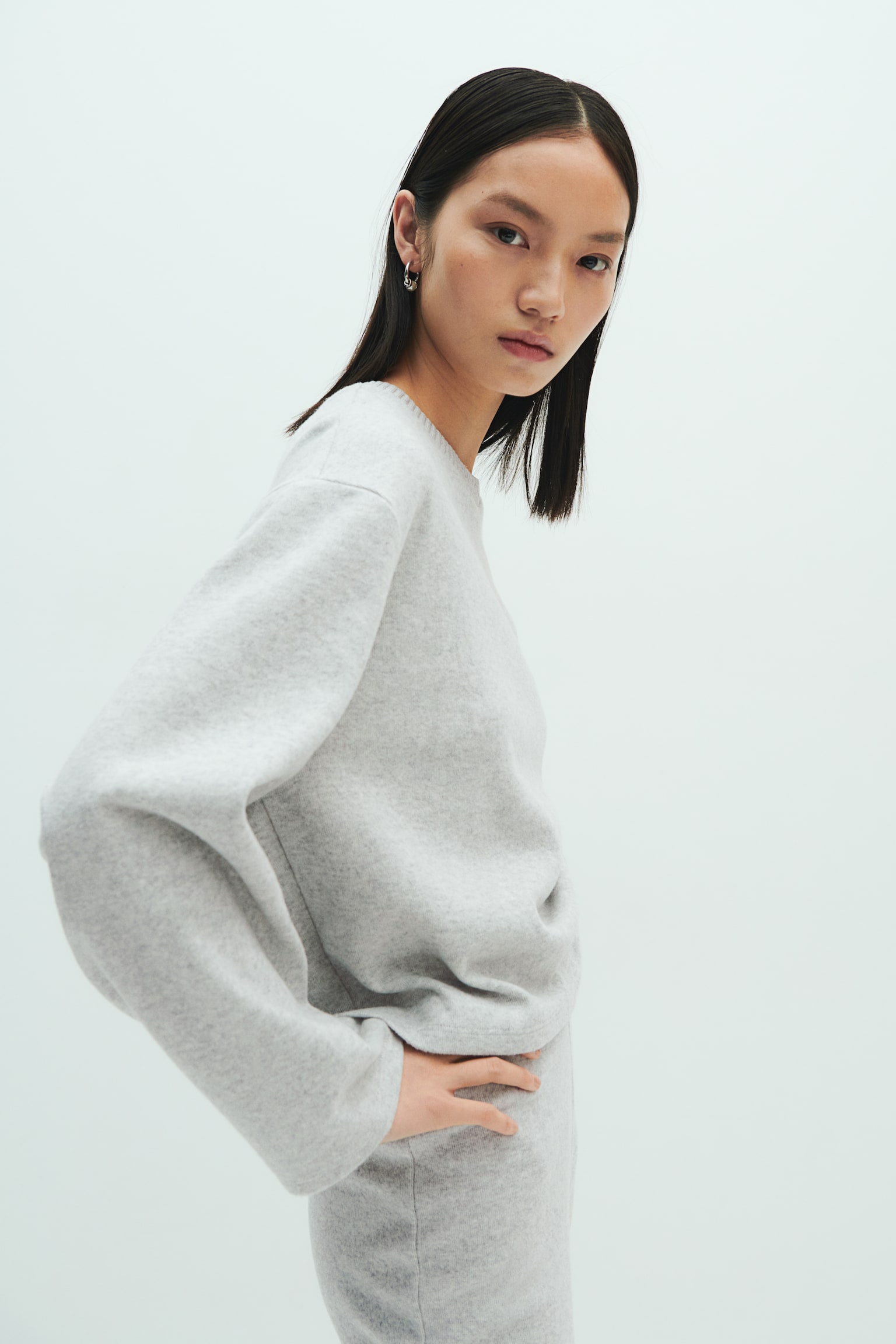 Fine-knit jumper - Light grey marl/Cream - 5