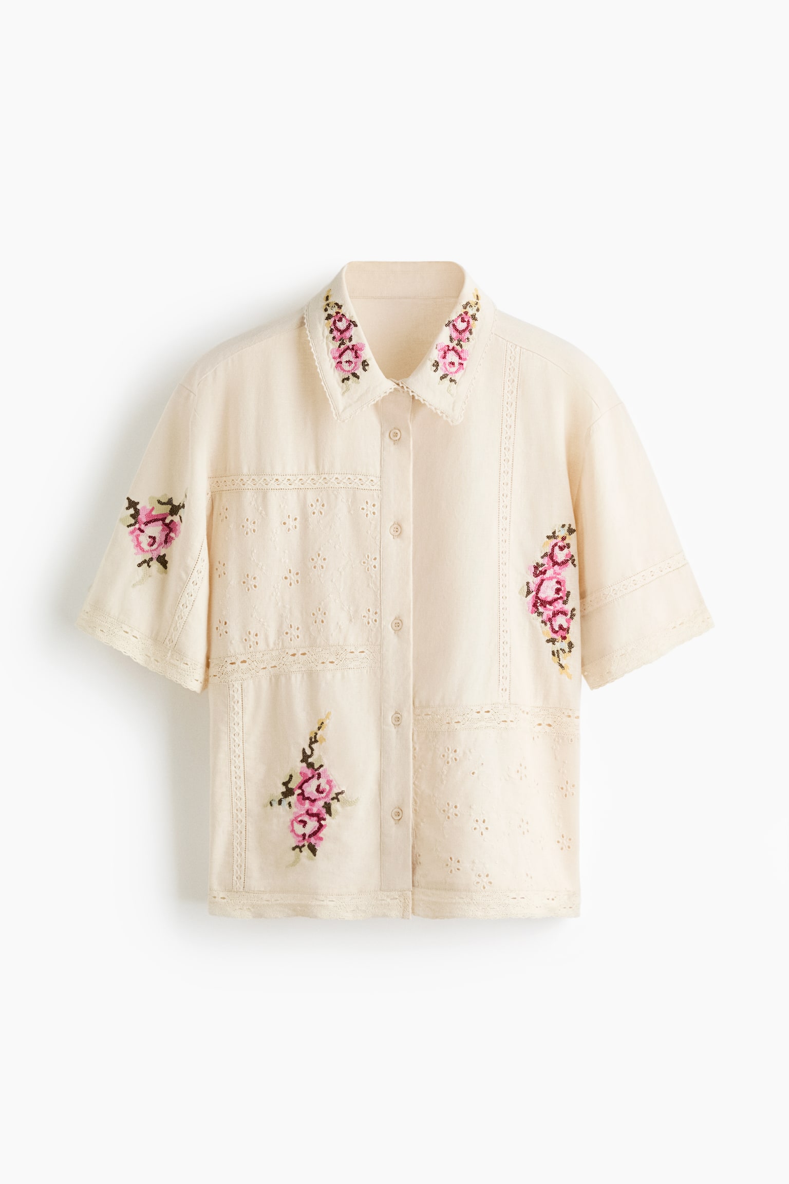 Chemise de pyjama en lin mélangé - Crème/fleurs - 1
