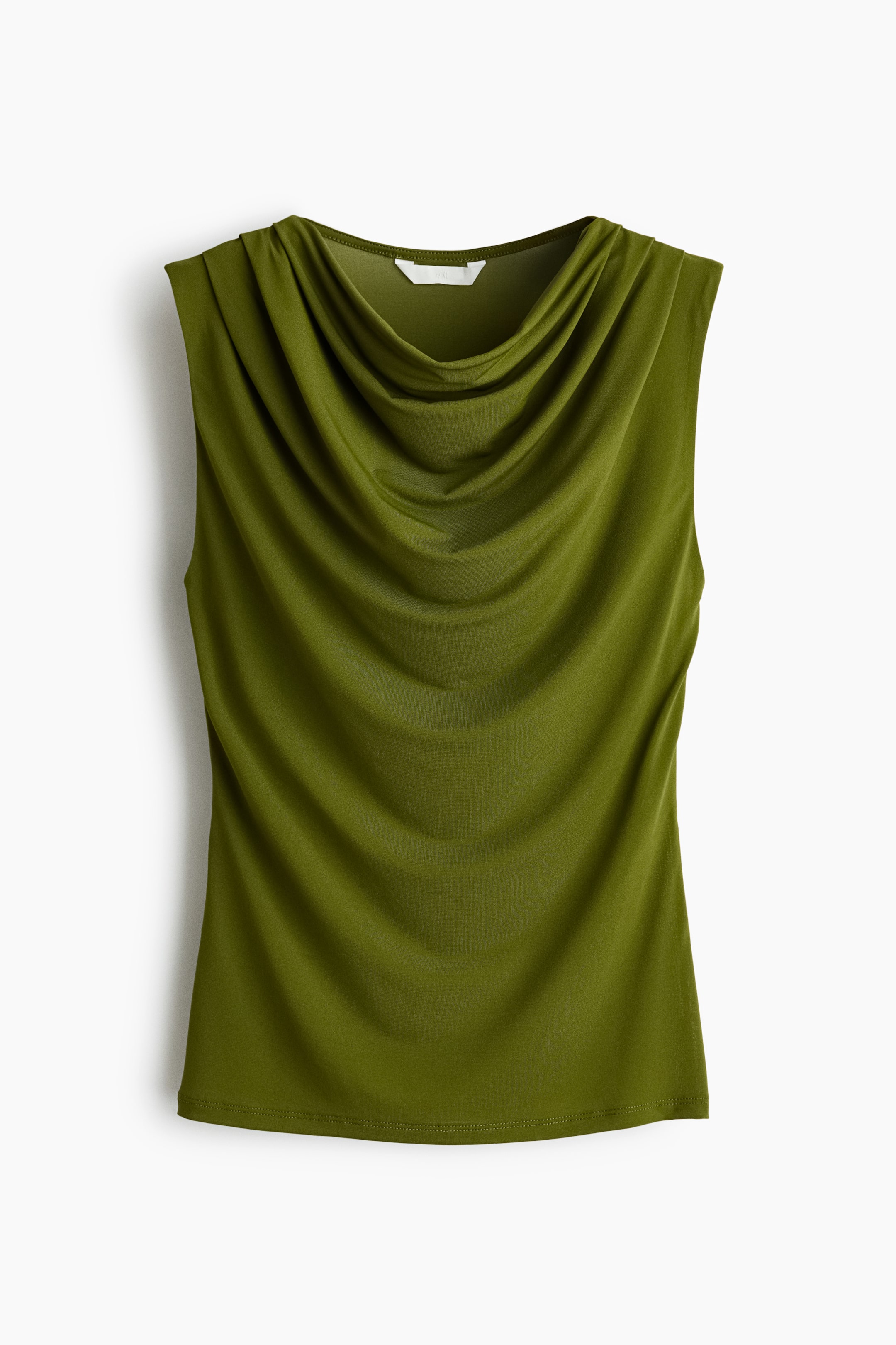 View larger image: A sleeveless olive green top features a draped cowl neck and subtle gathering at the shoulders, presented from the FRONT. The soft, flowing fabric creates gentle folds.