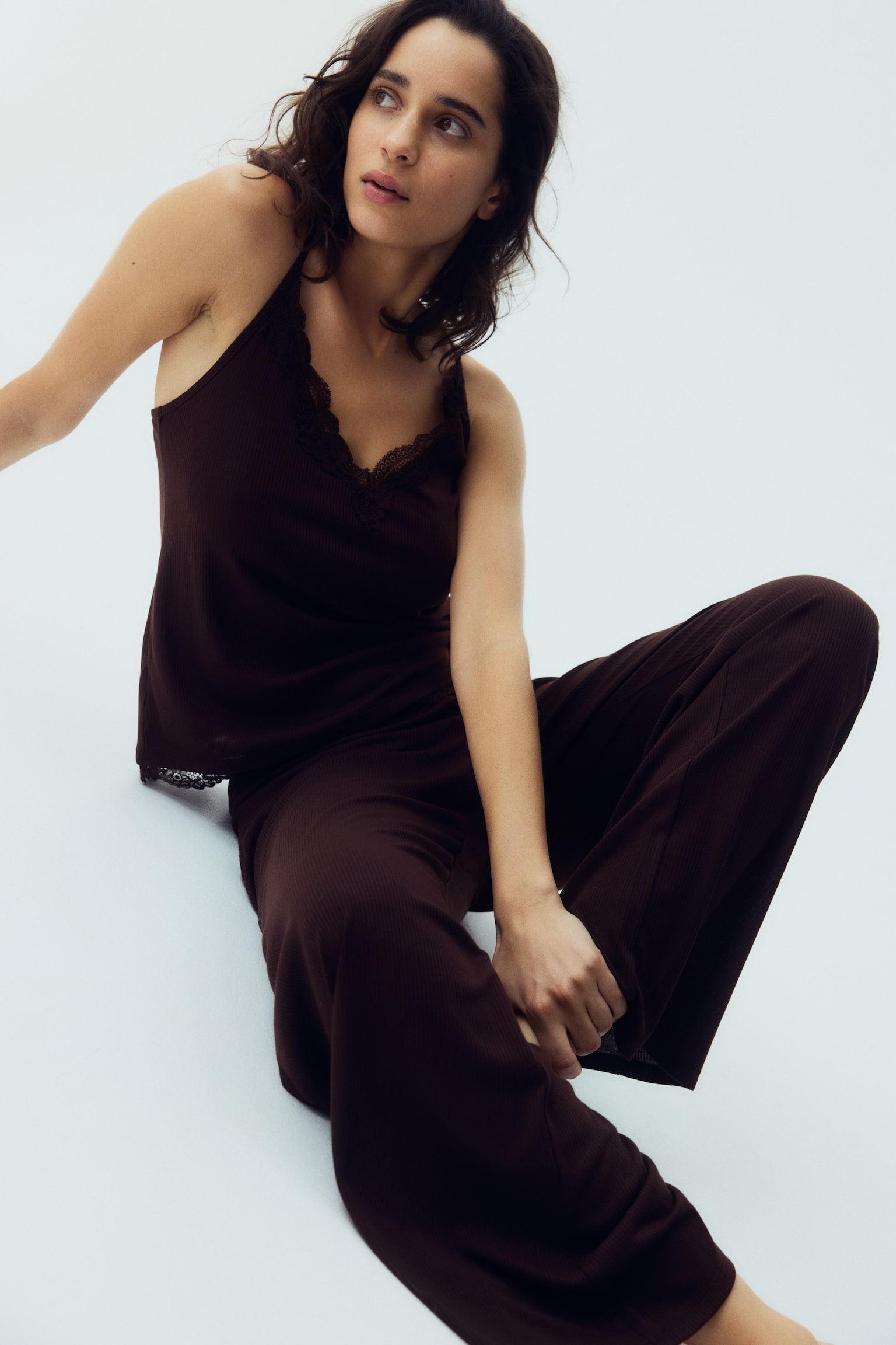 Lace Trim Rib Pyjama Set - Dark brown/Black - 1