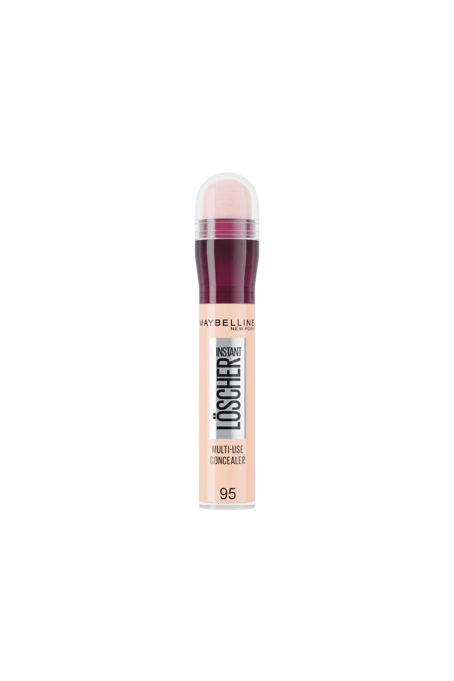 Ein Tuben-Concealer von Maybelline Instant L�scher Multi-Use Concealer steht aufrecht und präsentiert seine beige Flüssigformel sowie ein frontseitiges Etikett mit der Farbnummer 95. Das Produkt verfügt über einen tief bordeauxfarbenen Kragen unter einem abgerundeten Dome-Sponge-Applikator, der von einer transparenten Kunststoffkappe geschützt wird.