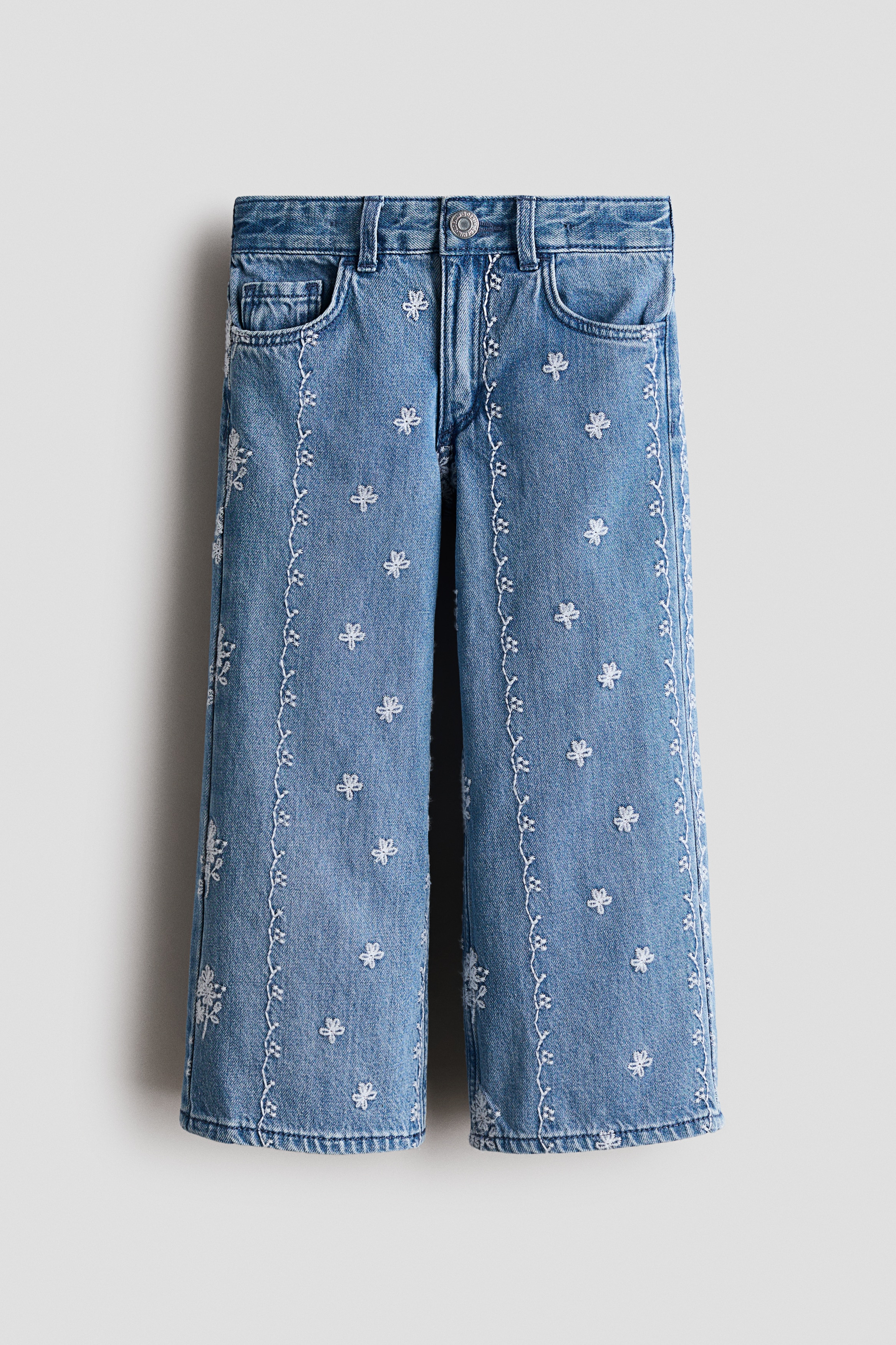 Embroidered Wide Leg Jeans - Denim blue