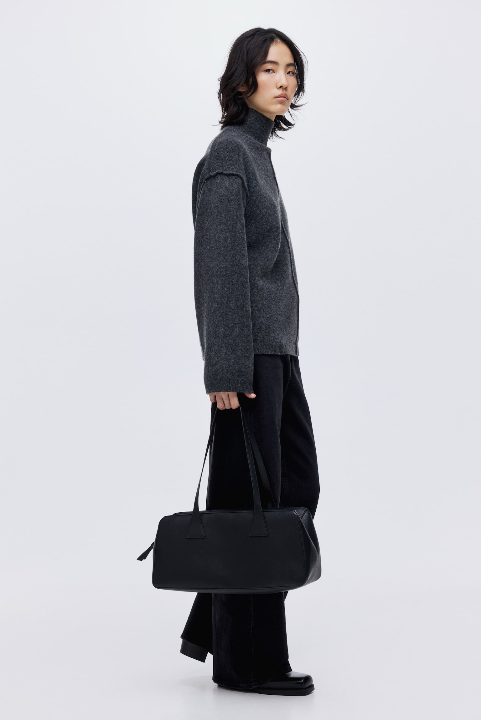 Chandail à col cheminée avec coutures décoratives - Gris foncé chiné/Crème/Rouge/Beige foncé/Olive doré - 5