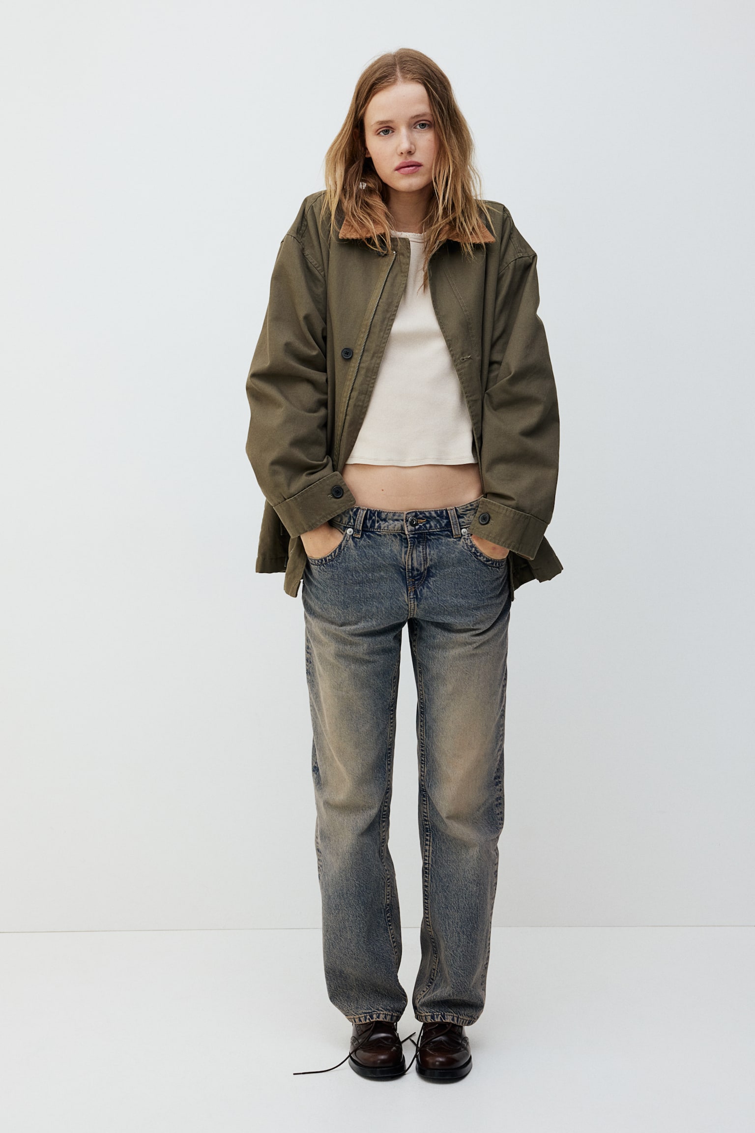 Oversized canvas jacket - Khaki green/Beige - 1