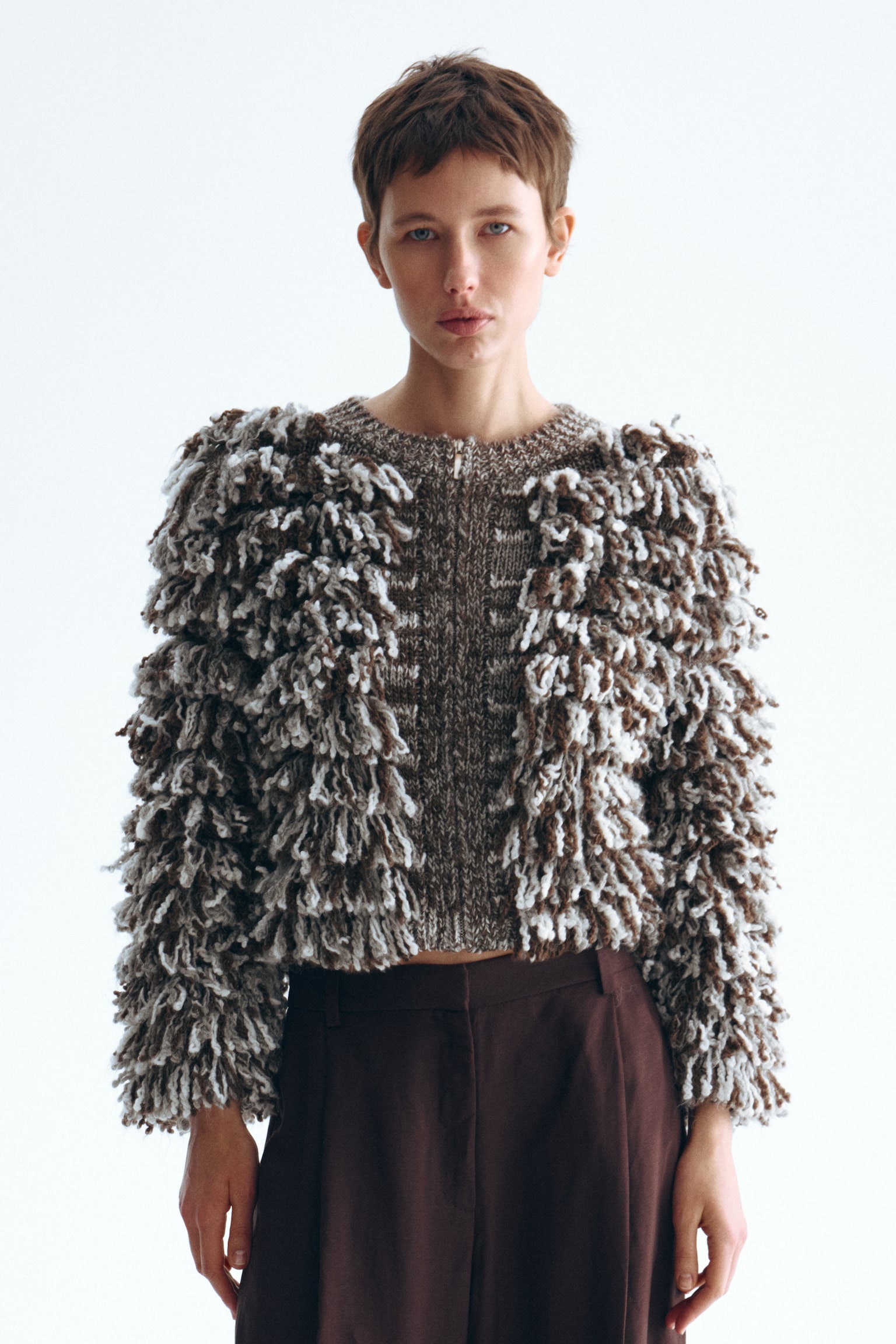 В’язаний кардиган букле - Коричневий/білий - 6