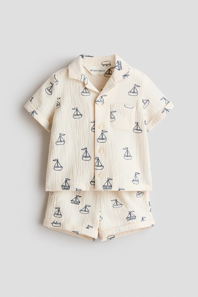 2-piece cotton shirt and shorts set - Light beige/Sailing boats - 1