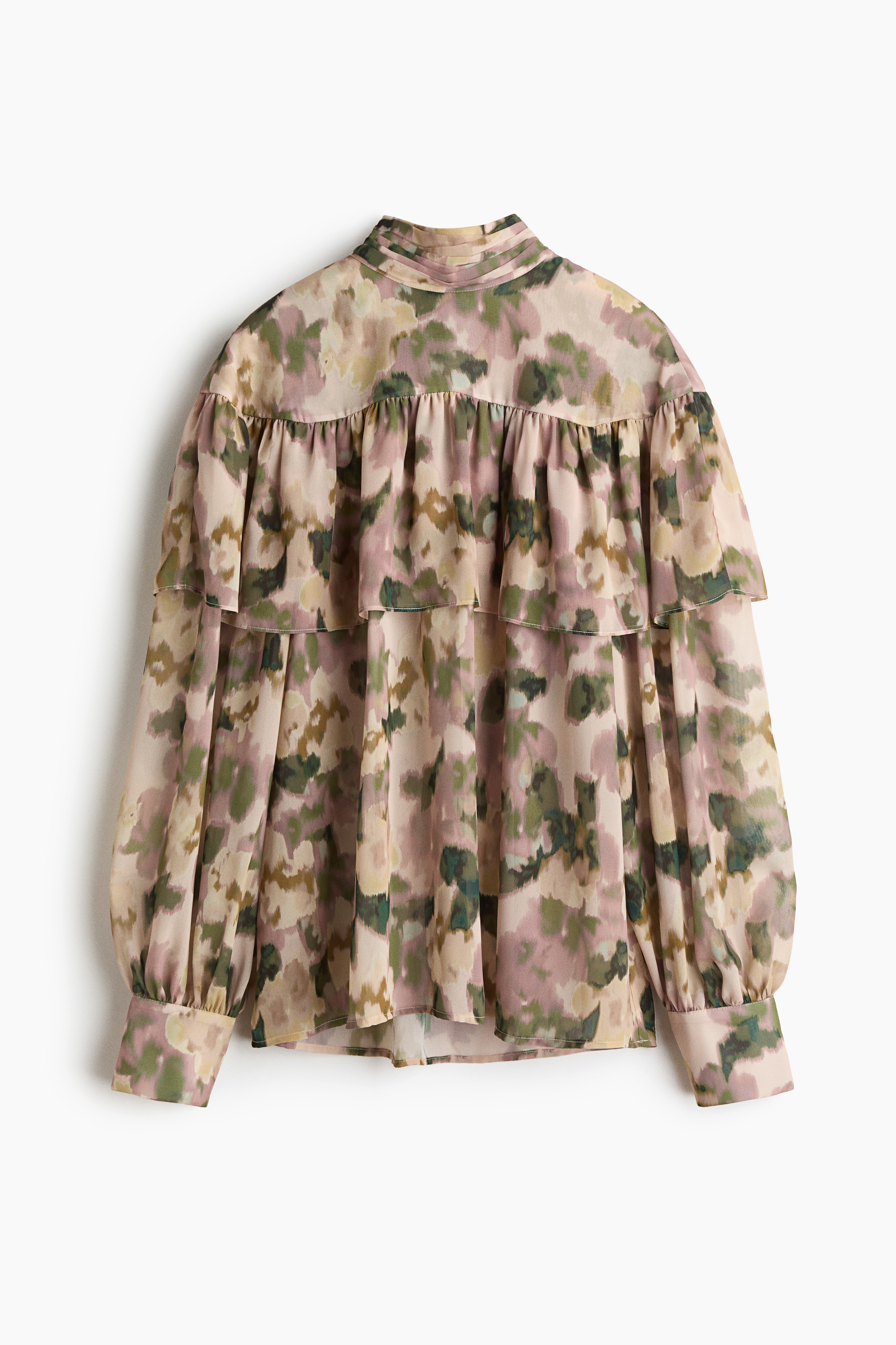 Balloon-sleeved blouse - Light beige/Floral/Dark brown