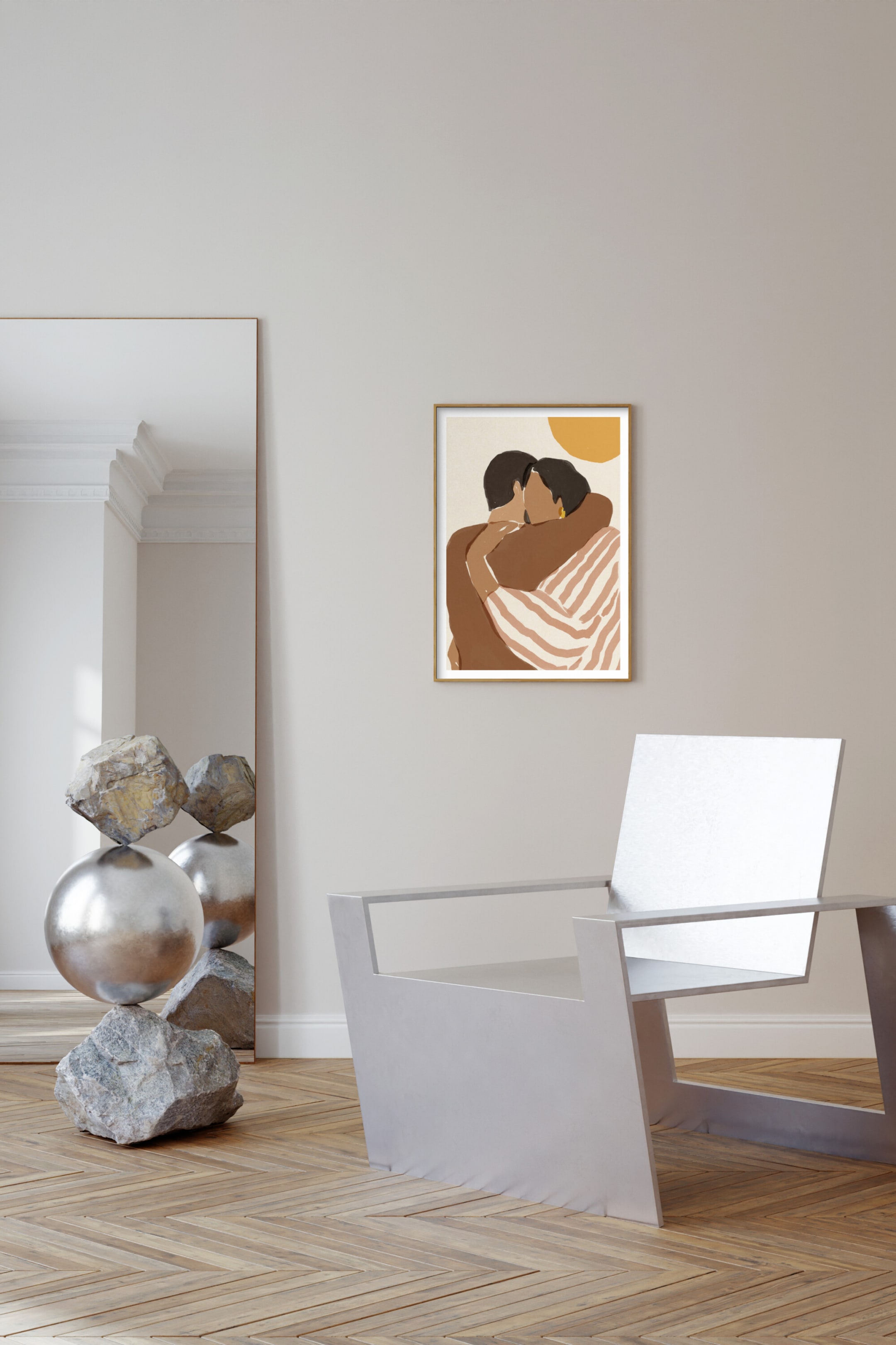 Grotere afbeelding bekijken: Een ingelijst kunstwerk toont twee abstracte figuren die elkaar omarmen, waarbij de ene een bruine top draagt en de andere een crèmekleurige en lichtbruine gestreepte top. De illustratie bevat een gele vorm in de rechterbovenhoek en is ingesloten in een dunne goudkleurige metalen lijst.