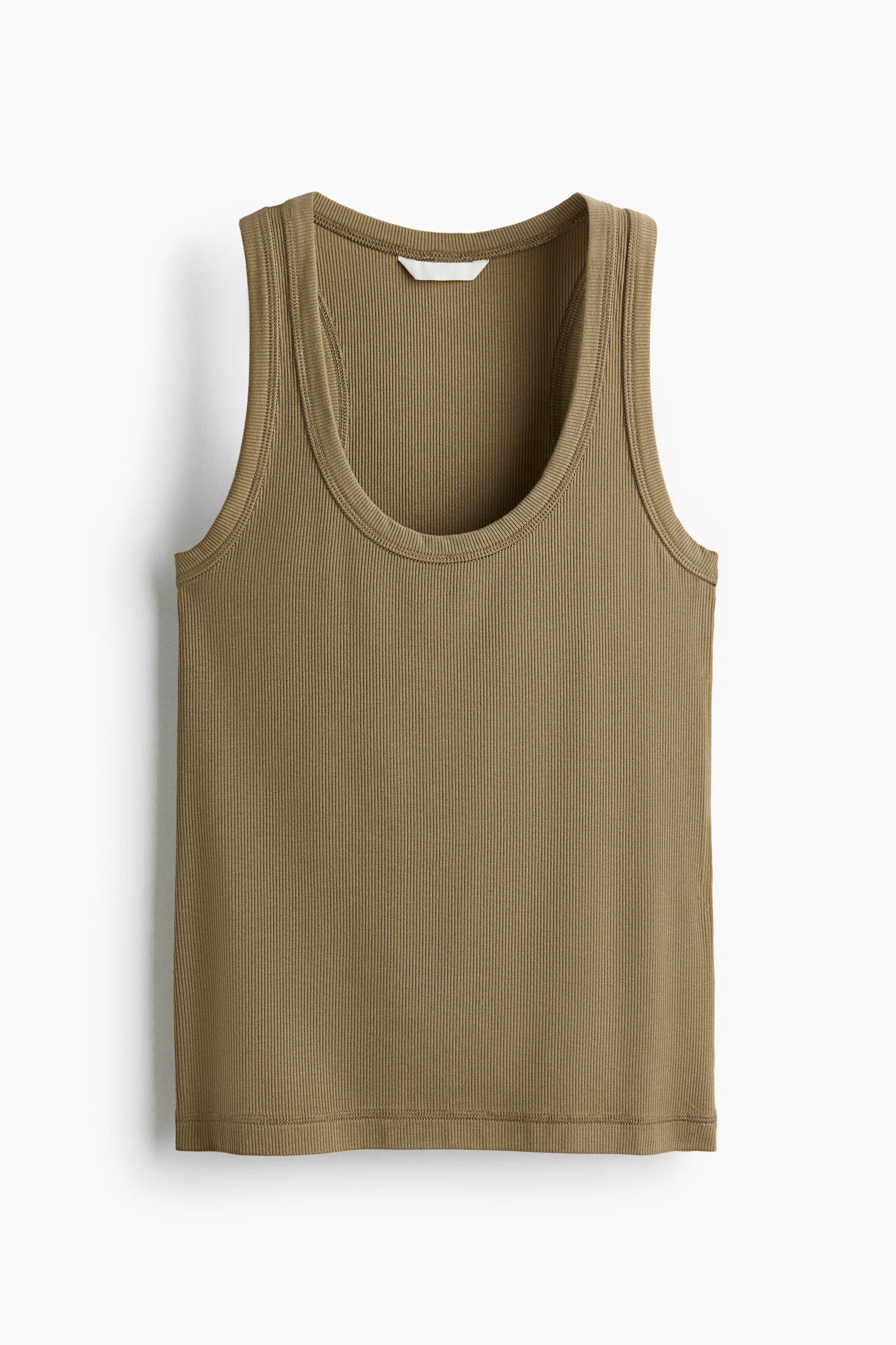 View larger image: An olive green ribbed knit tank top is showcased from the front, featuring a scoop neckline, finished armholes, and a white rectangular label at the back of the neck.