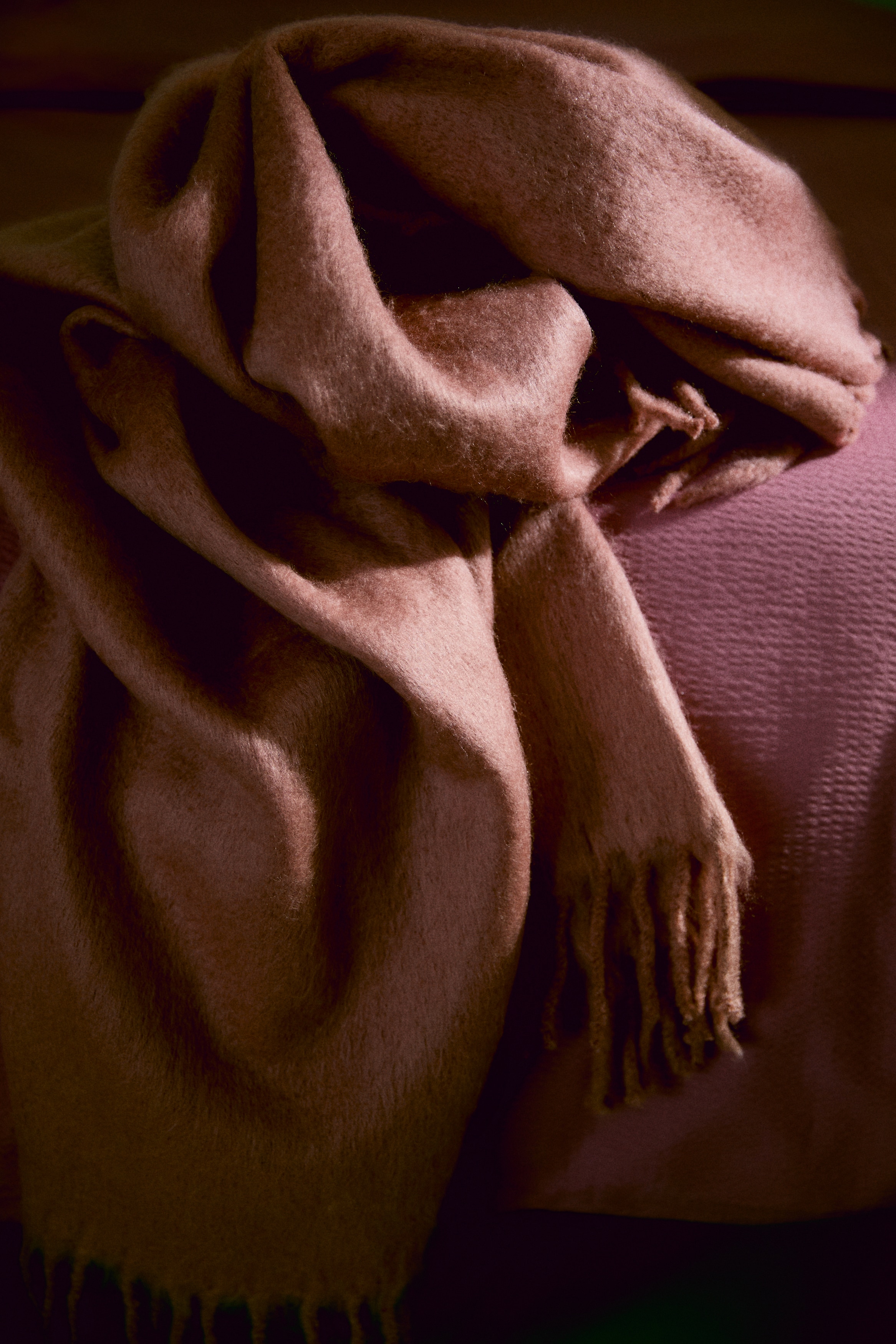 Plaid frangé - Rose/Jaune moutarde/Rouge