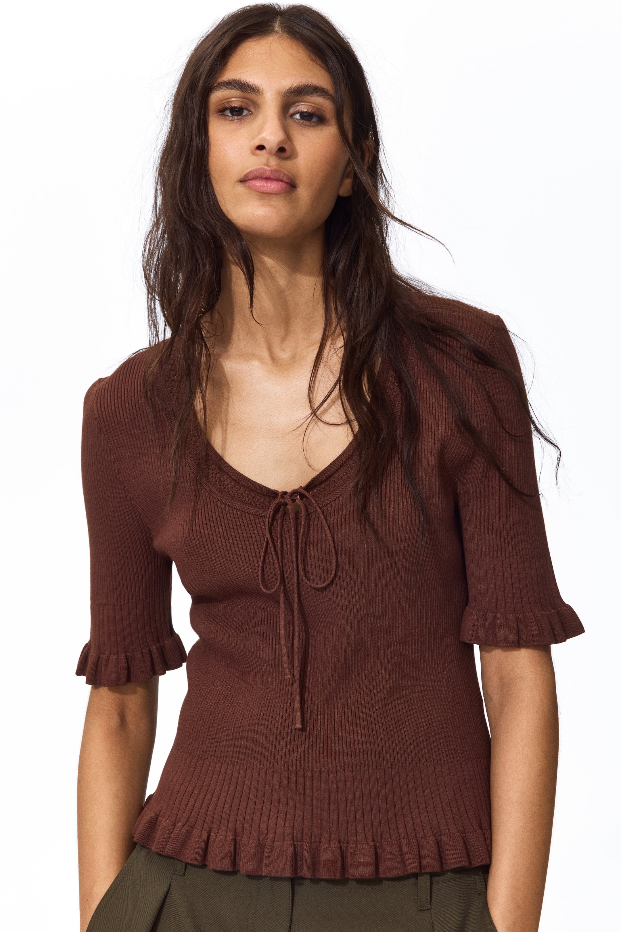 View larger image: Frill-trimmed rib-knit top - Dark brown - Ladies | H&M 1