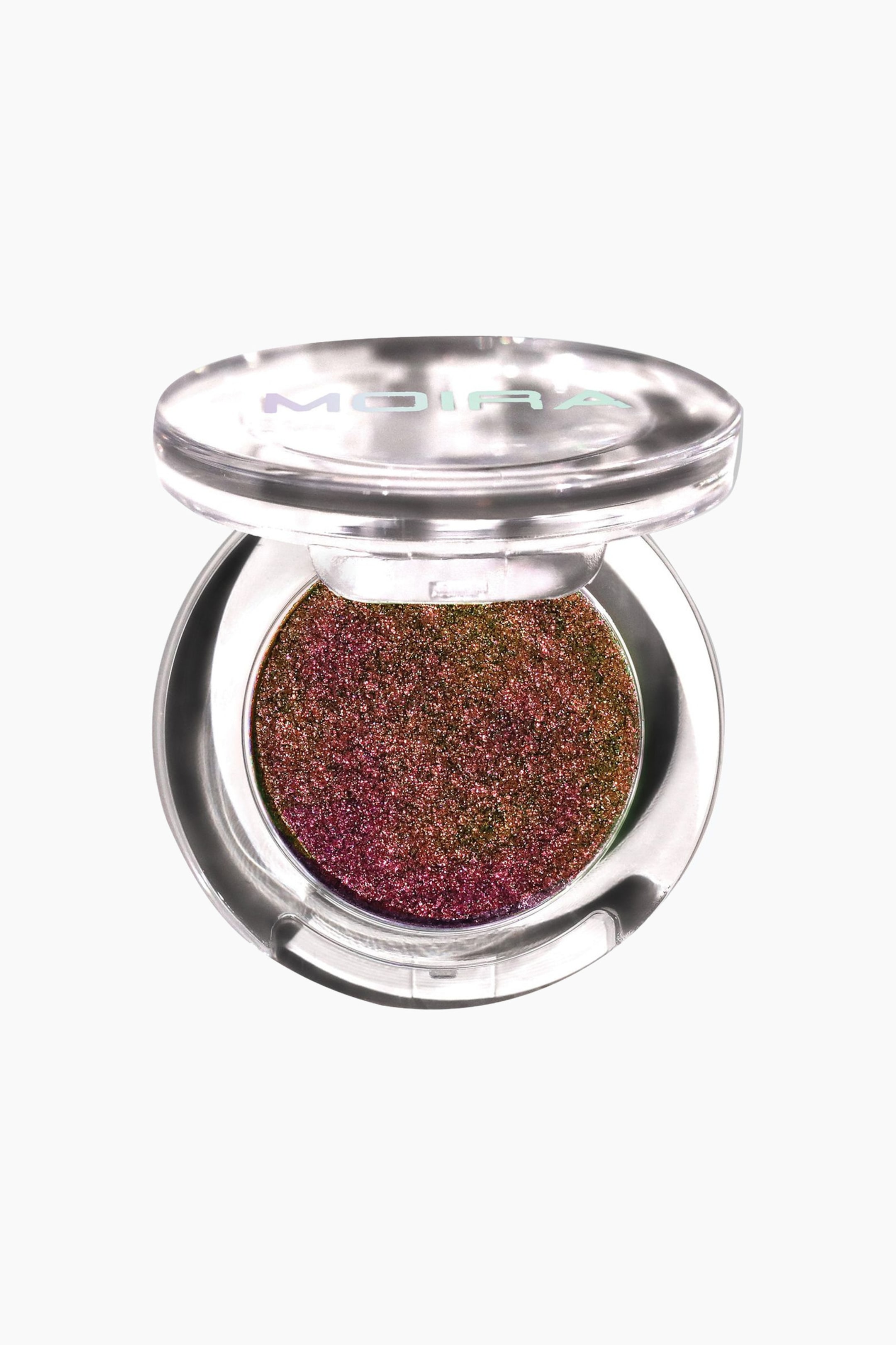 Visa större bild: Supernova Glitz Shadow ligger i ett runt, transparent akryletui med locket uppfällt, vänt framåt. Ögonskuggan visar en mycket texturerad, glittrig multichrome-finish med skiftande nyanser av magenta, brons och olivgrönt.