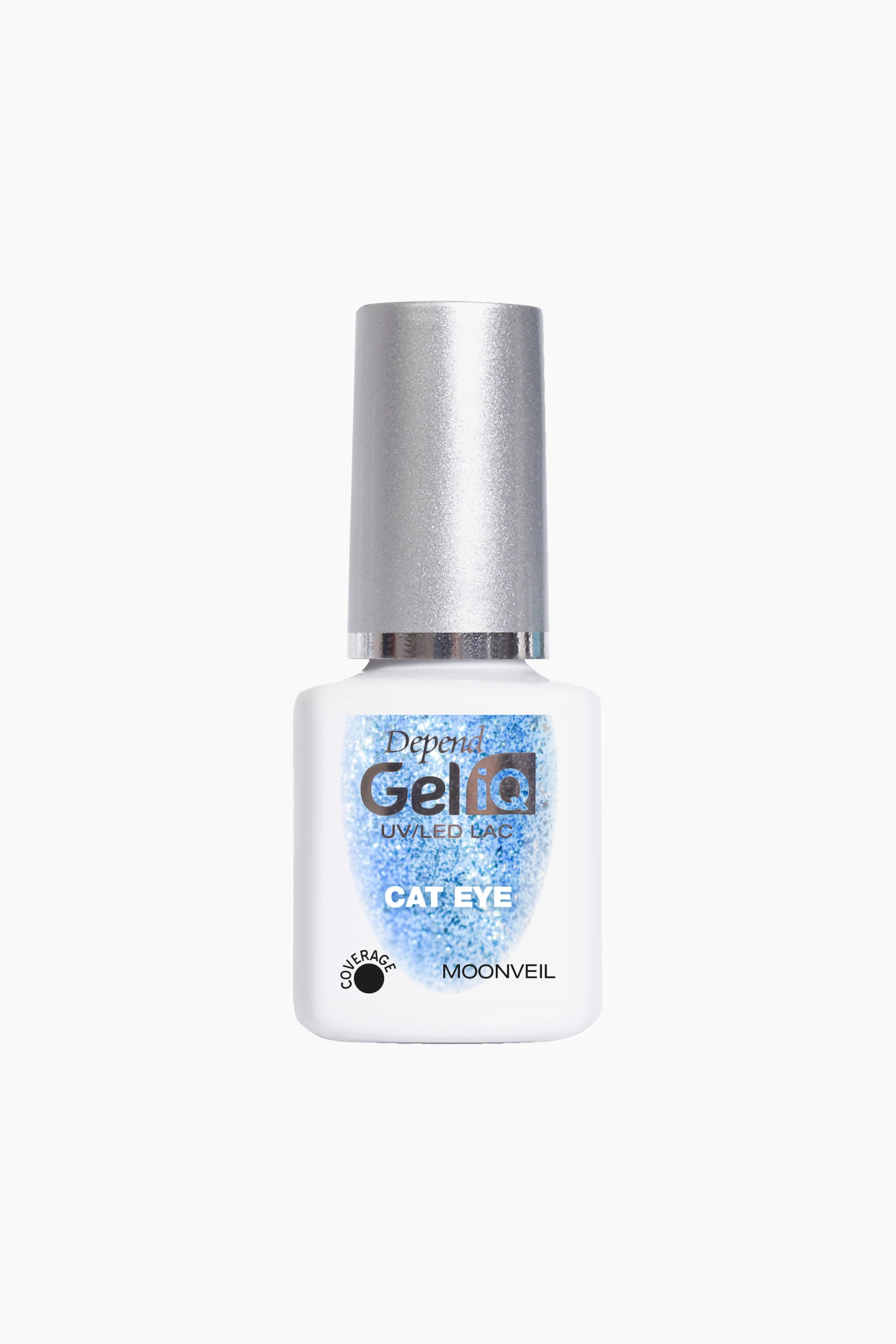 Visa större bild: En Depend Gel iQ UV/LED nagellacksflaska står upprätt, vänd framåt, med en vit ogenomskinlig bas och ett skimrande silverlock. Etiketten visar en blå glittrig "Cat Eye"-effekt med "Moonveil" som nyansnamn.