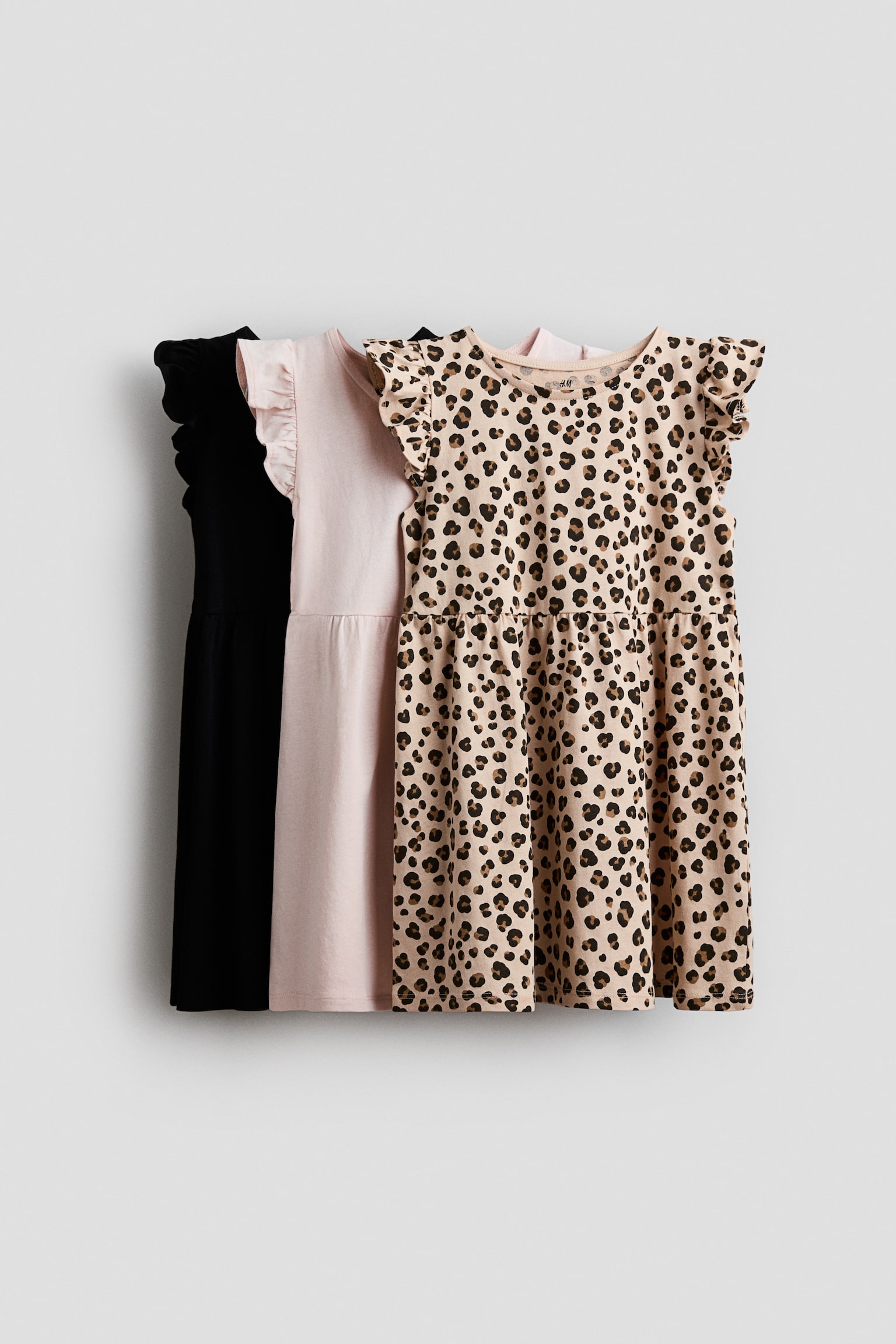 3er-Pack Kleider mit Volantärmeln - Schwarz/Leopardenprint/Rosa/Orange/Lila