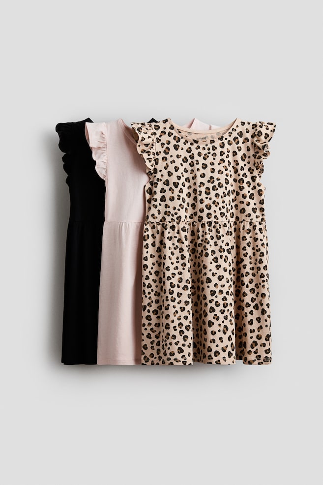 3-pack flutter-sleeved dresses - Black/Leopard print - 1