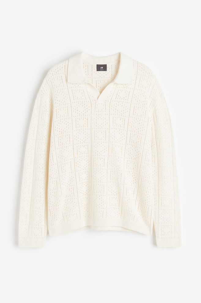 Loose Fit Crochet-look polo shirt - Cream - 2