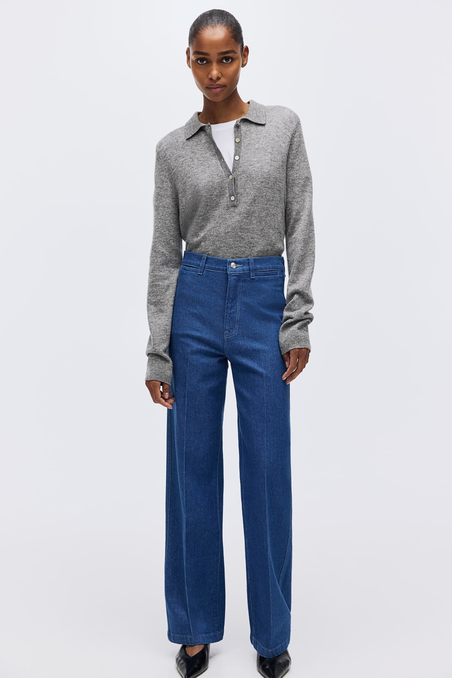 直筒高腰牛仔褲 - 丹寧藍/深丹寧藍 - 1