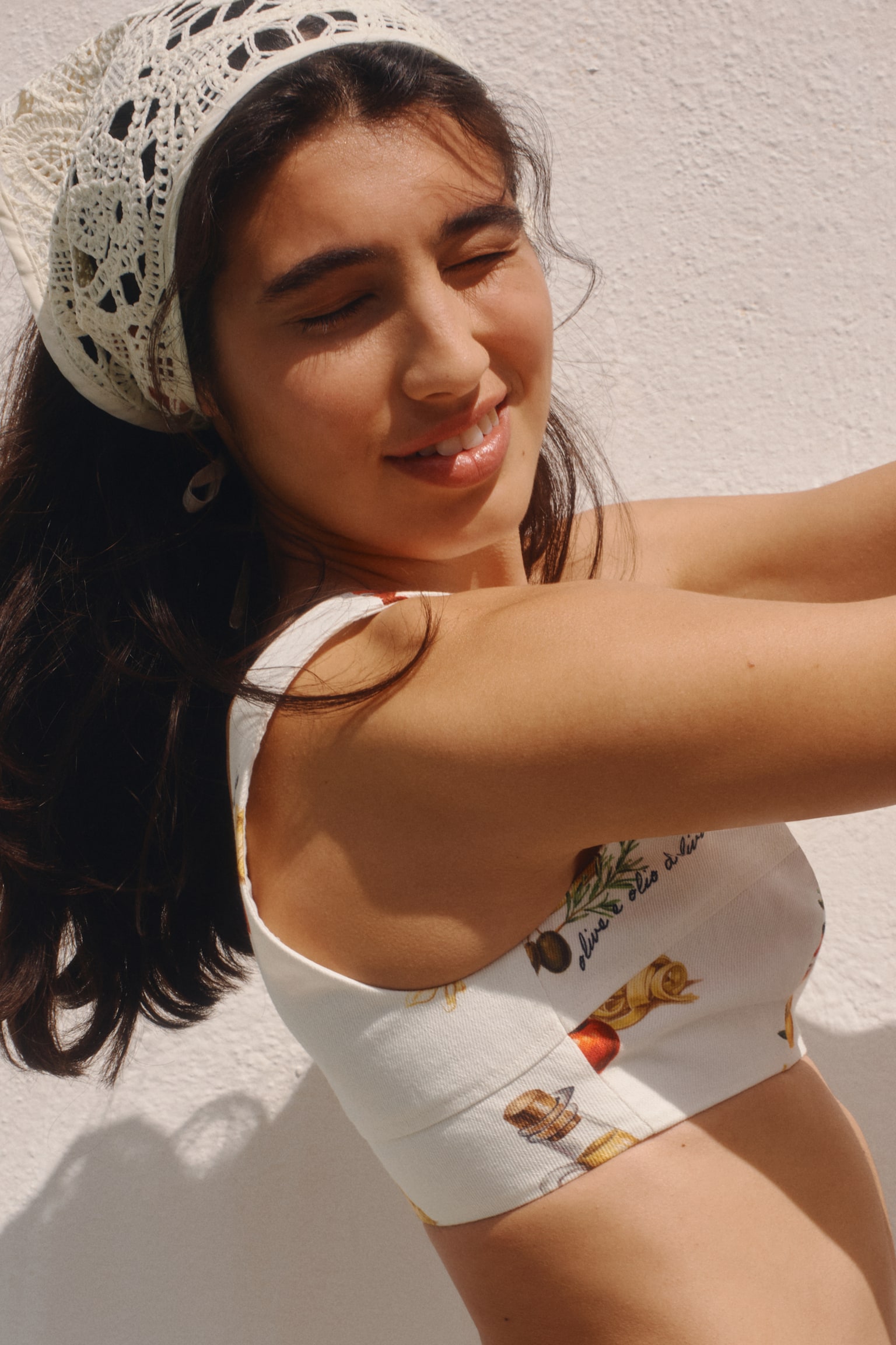 Cotton crop top - Cream/Patterned - 1