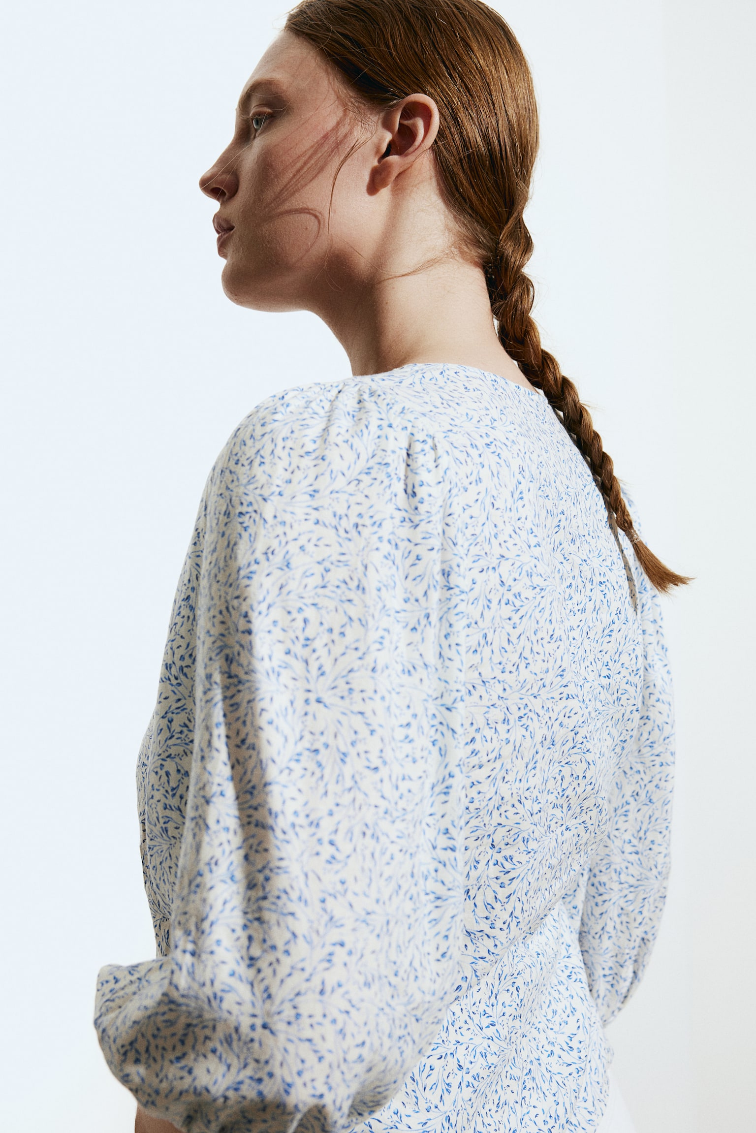 Linen Blend Blouse - White/Blue pattern/Light blue - 3