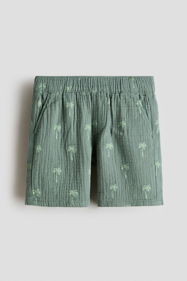 Cotton Muslin Shorts - Dark green/palm trees/Cream/fish - 1