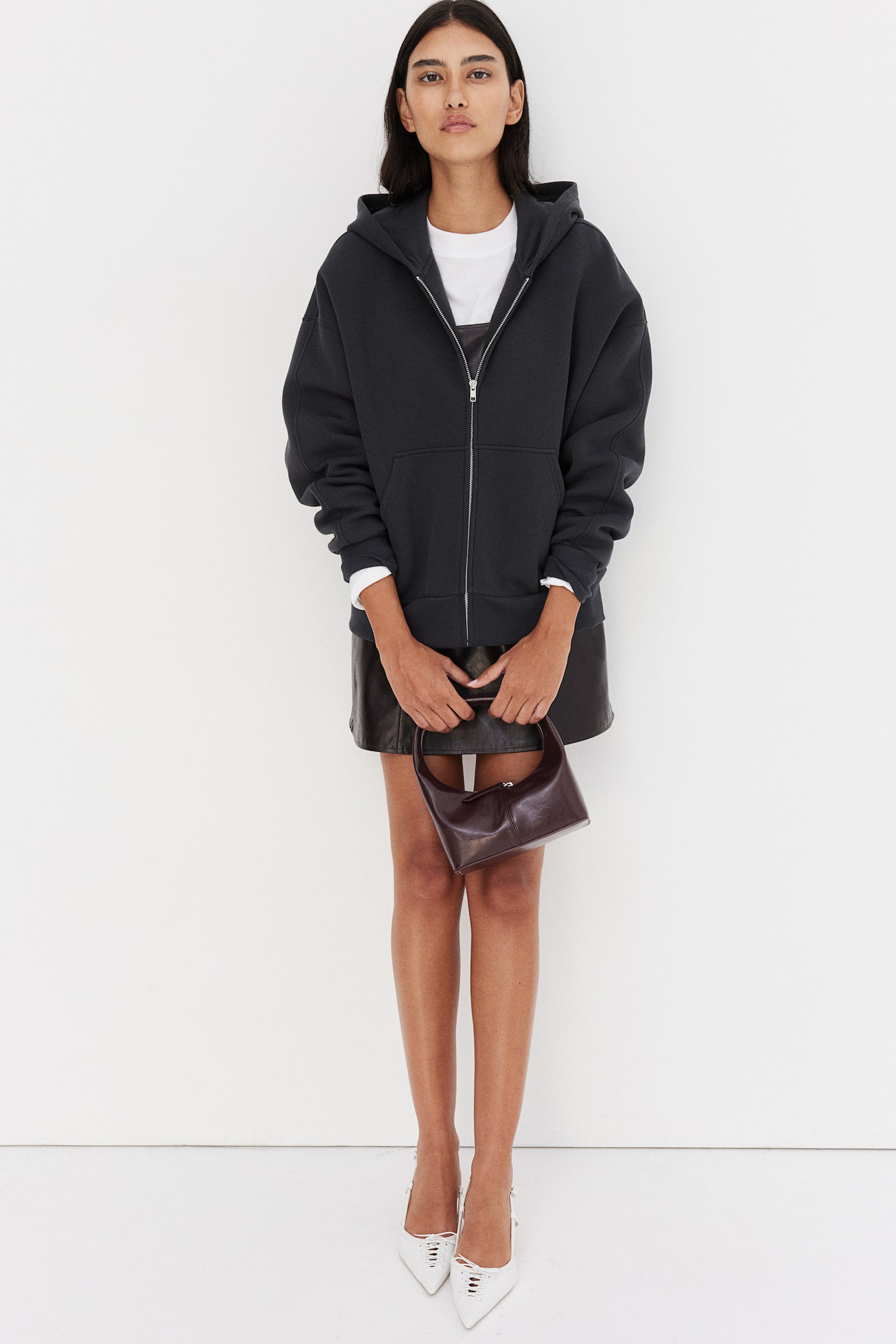 Oversized zip-through hoodie - Dark grey/Burgundy/Light beige/Light dusty pink - 1