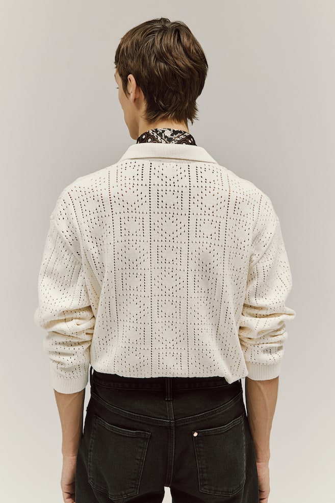 Loose Fit Crochet-look polo shirt - Cream - 5