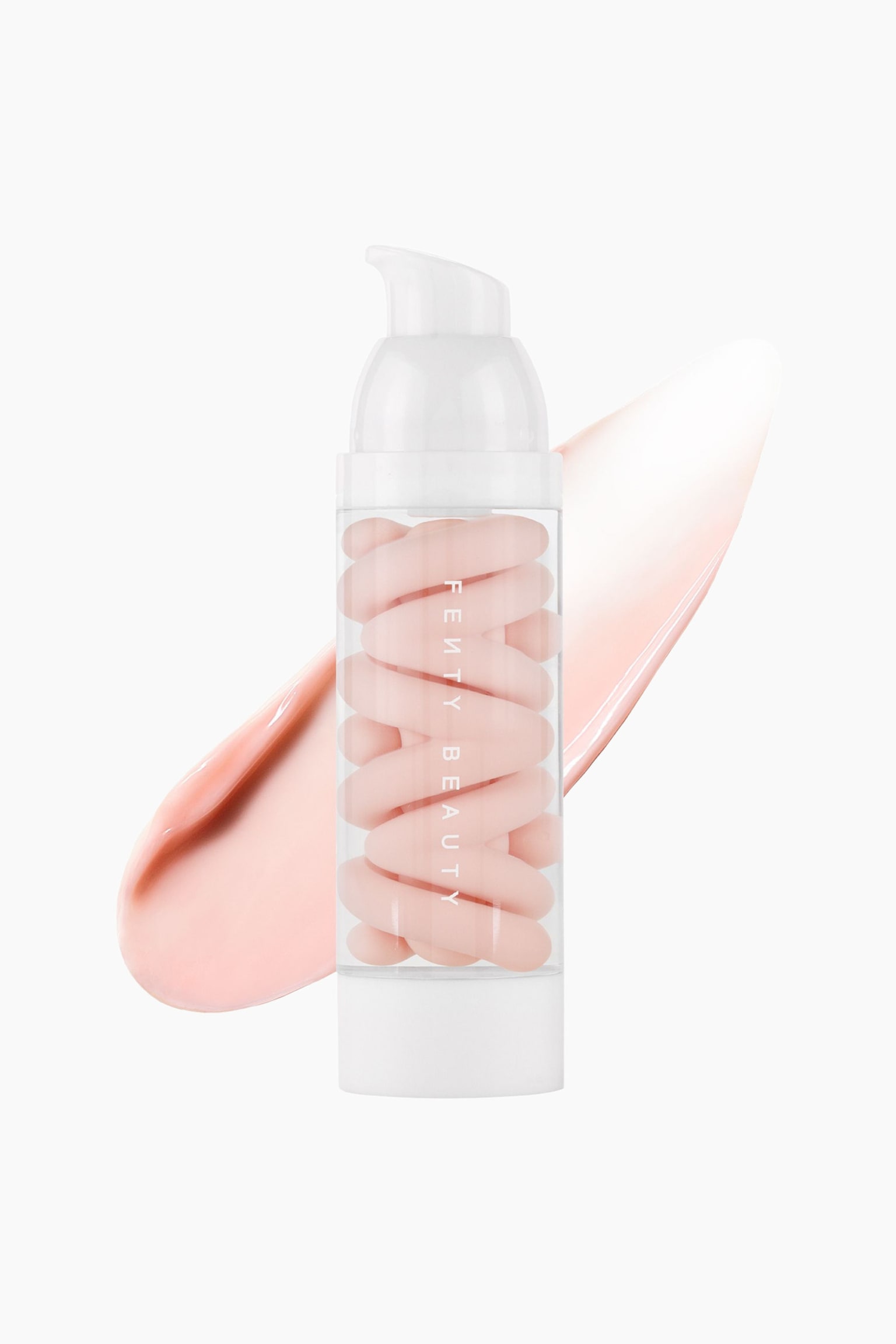 Grip Trip Mattifying + Blurring Primer -tuote seisoo pystyasennossa ja on suunnattu eteenpÃ¤in kirkkaassa sylinterimÃ¤isessÃ¤ pullossa, jossa on valkoinen pumppusuutin ja jalusta. Pullossa nÃ¤kyy vaaleanpunainen koostumus spiraalimaisesti kiertyneenÃ¤, ja pakkauksen suoraan takana nÃ¤kyy saman vaaleanpunaisen primerin suuri, sileÃ¤, vinottainen sivelyjÃ¤lki.