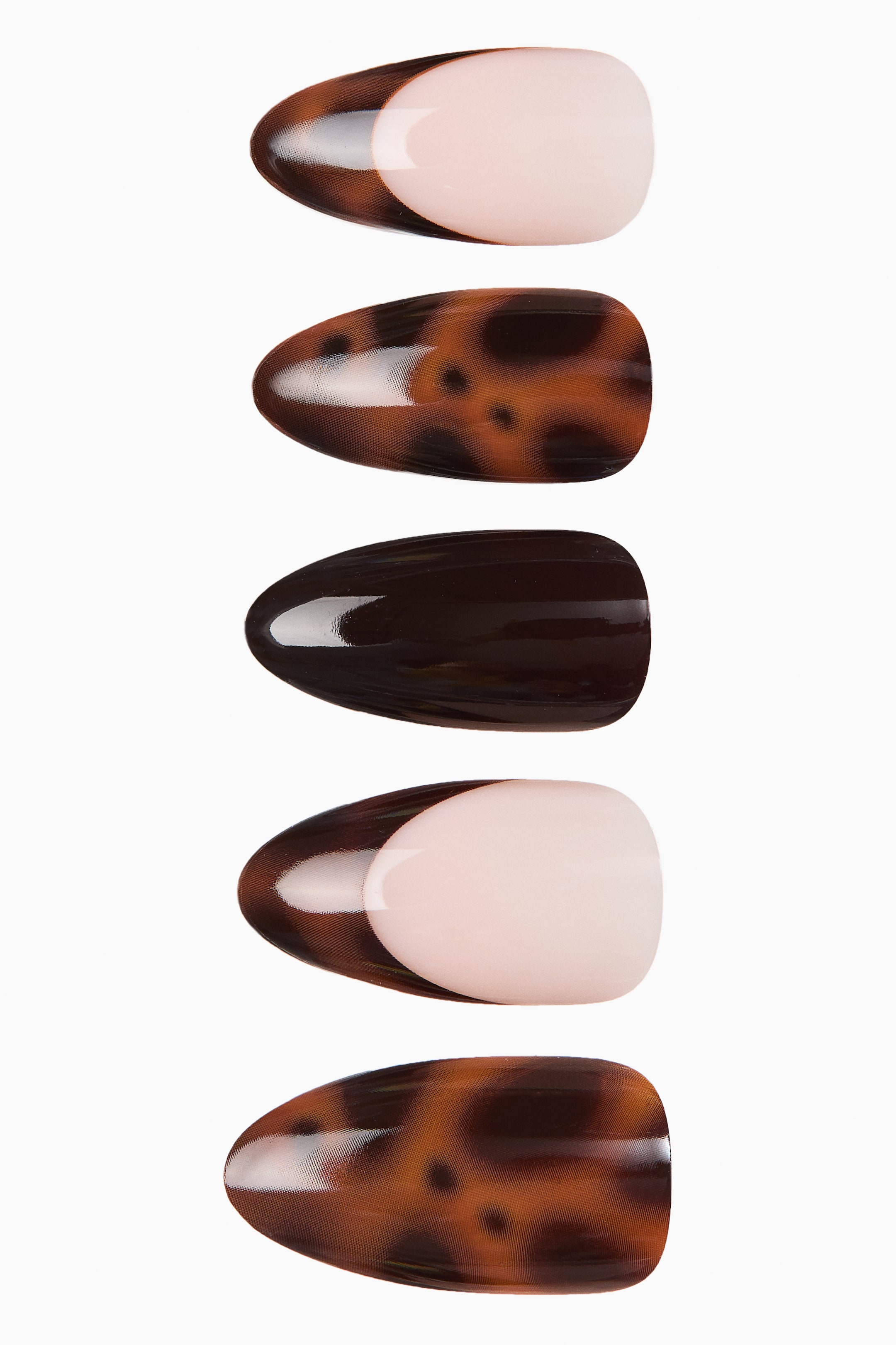 Agrandir l'image: Cinq ongles pressés en forme d'amande sont disposés verticalement, présentant divers motifs. Deux ongles arborent une manucure française avec une base de ton naturel et un bout brun foncé brillant, deux affichent un motif écaille de tortue brillant, et un ongle est d'un brun foncé uni avec une finition brillante.