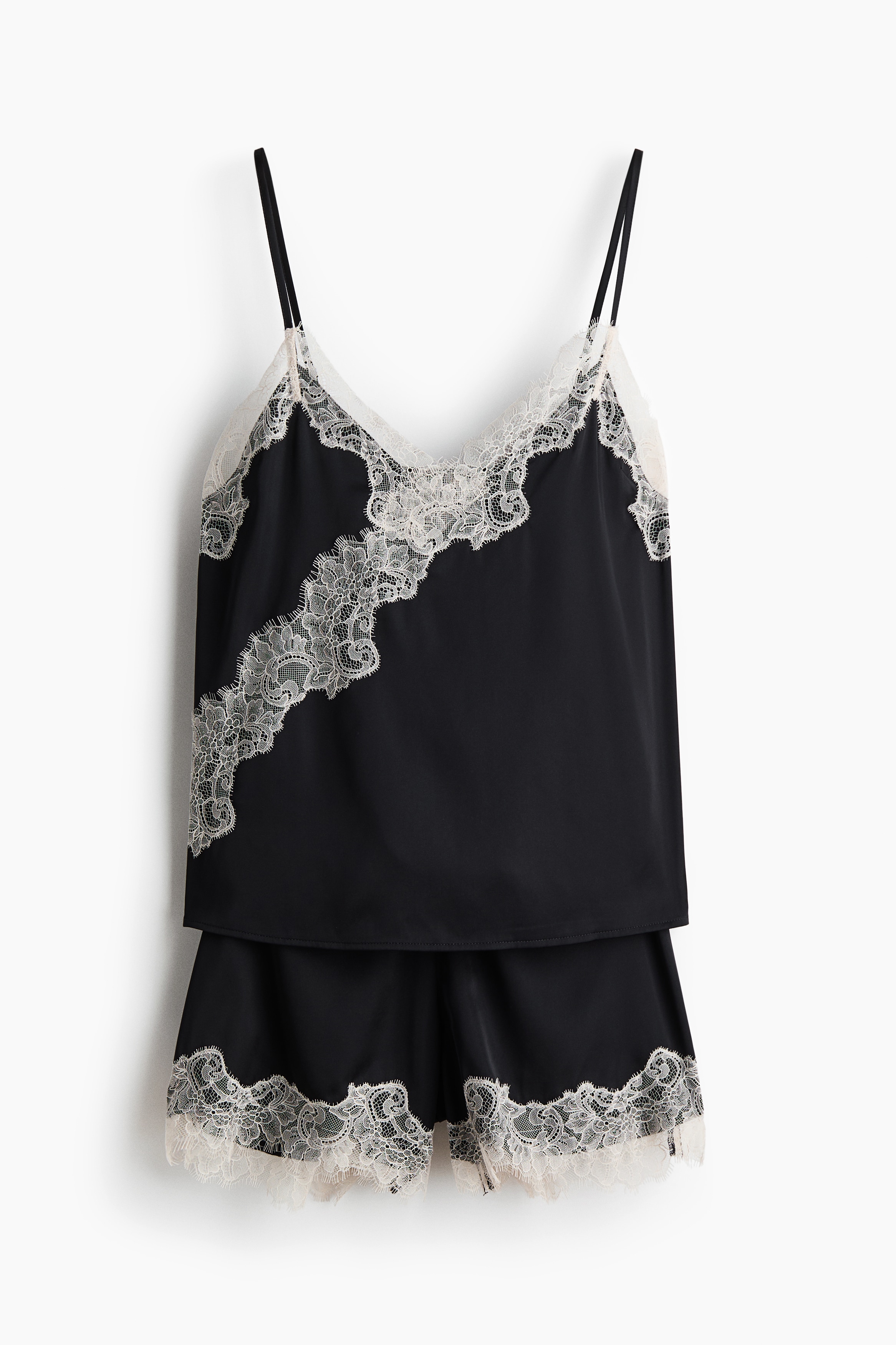 Lace-trimmed satin pyjamas - Black/Cream/Dark brown