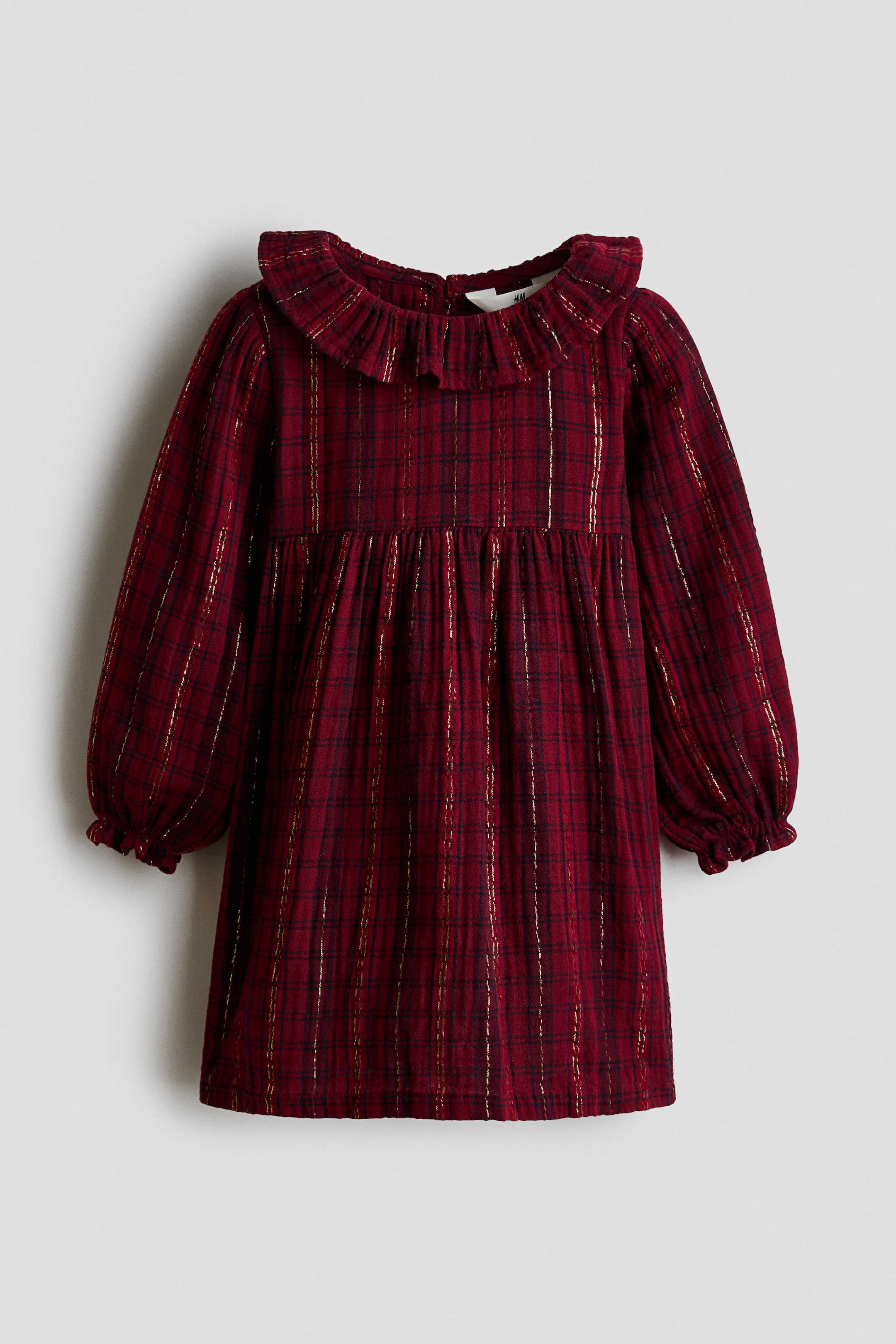 View larger image: Flounce-trimmed muslin dress - Dark red/Checked - Kids | H&M 1