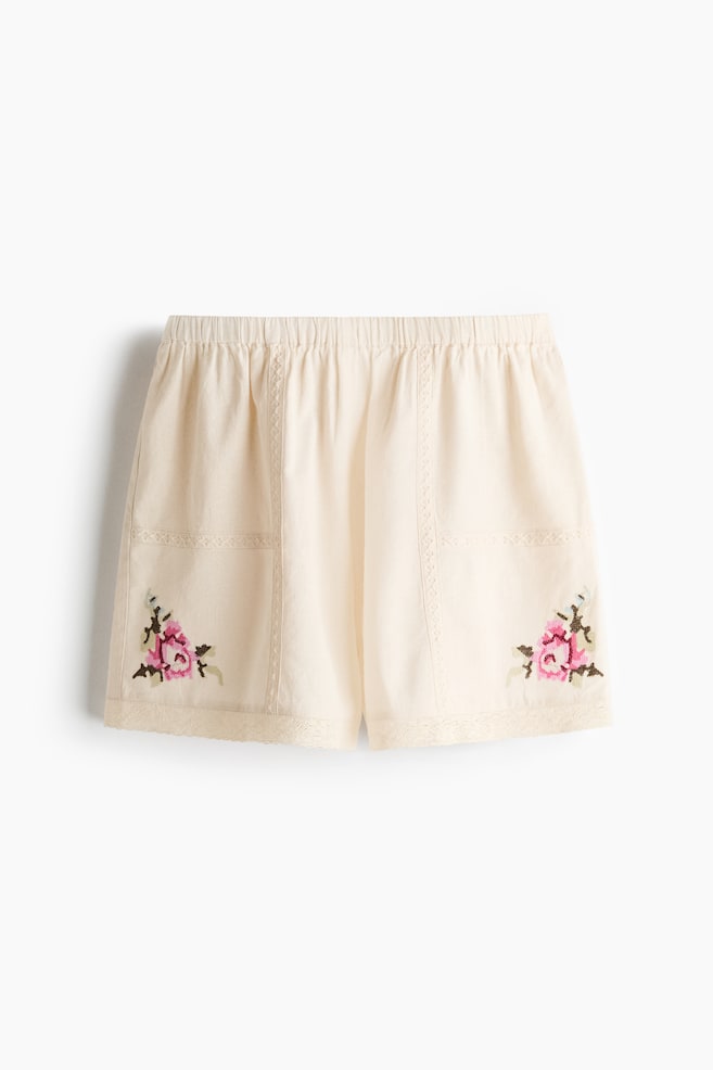 Keten Karışımlı Pijama Şortu - Krem/Çiçekler - 1