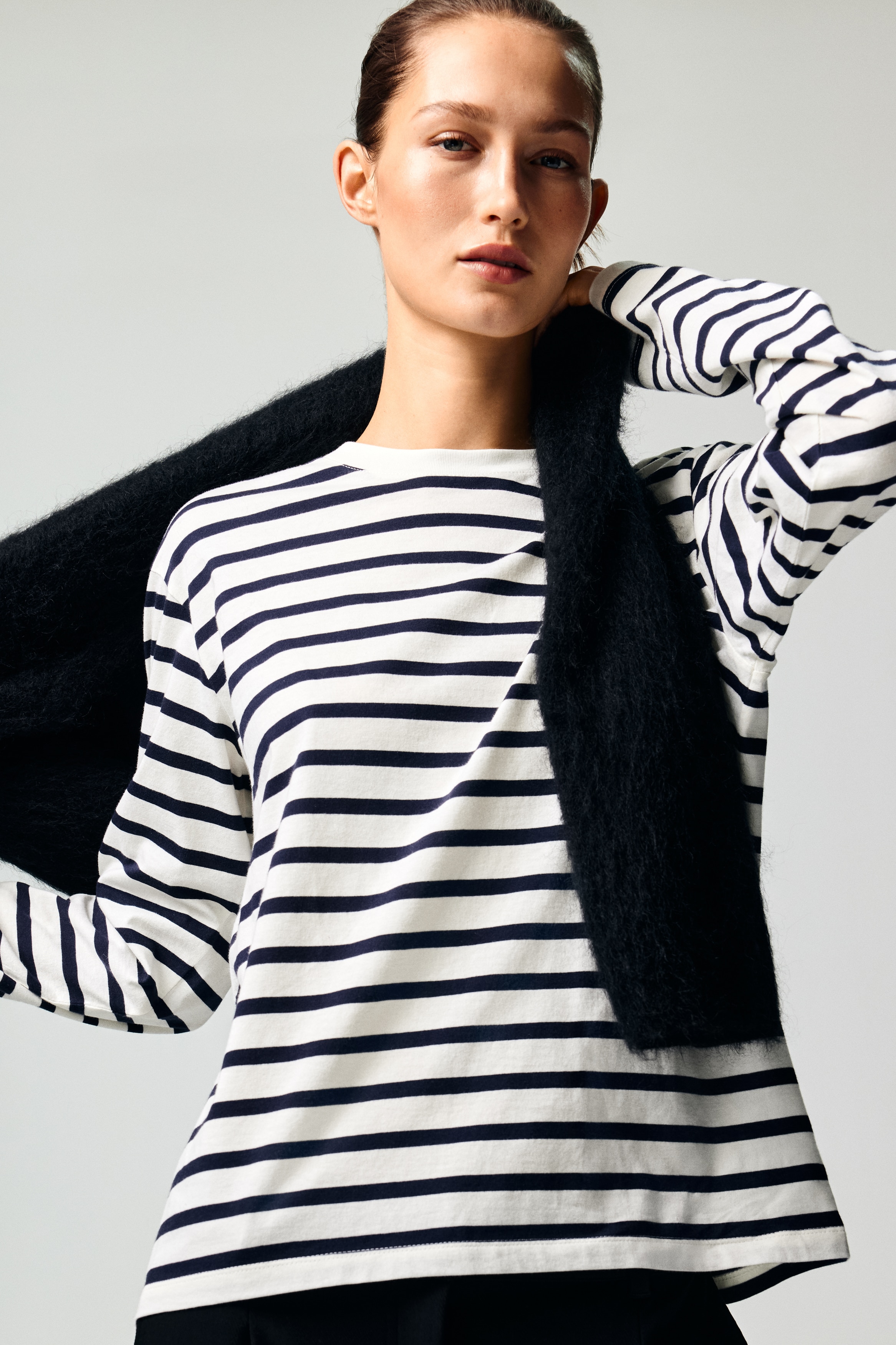 Top à manches longues en coton - Blanc/rayures bleu marine/Blanc/Marron foncé/Noir/Rose clair/Bleu marine/Beige foncé