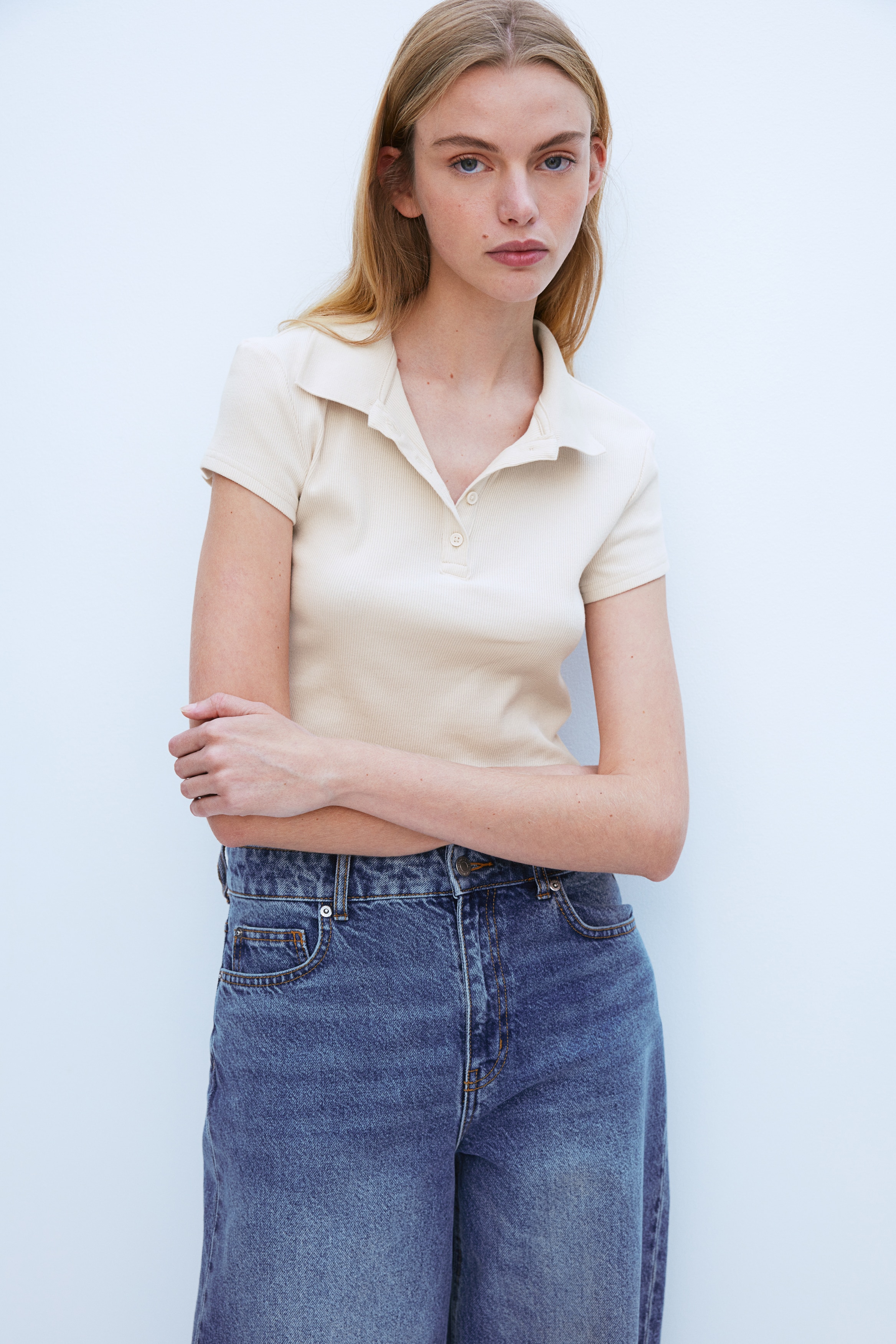 Ribbed polo shirt - Light beige - Ladies | H&M IN