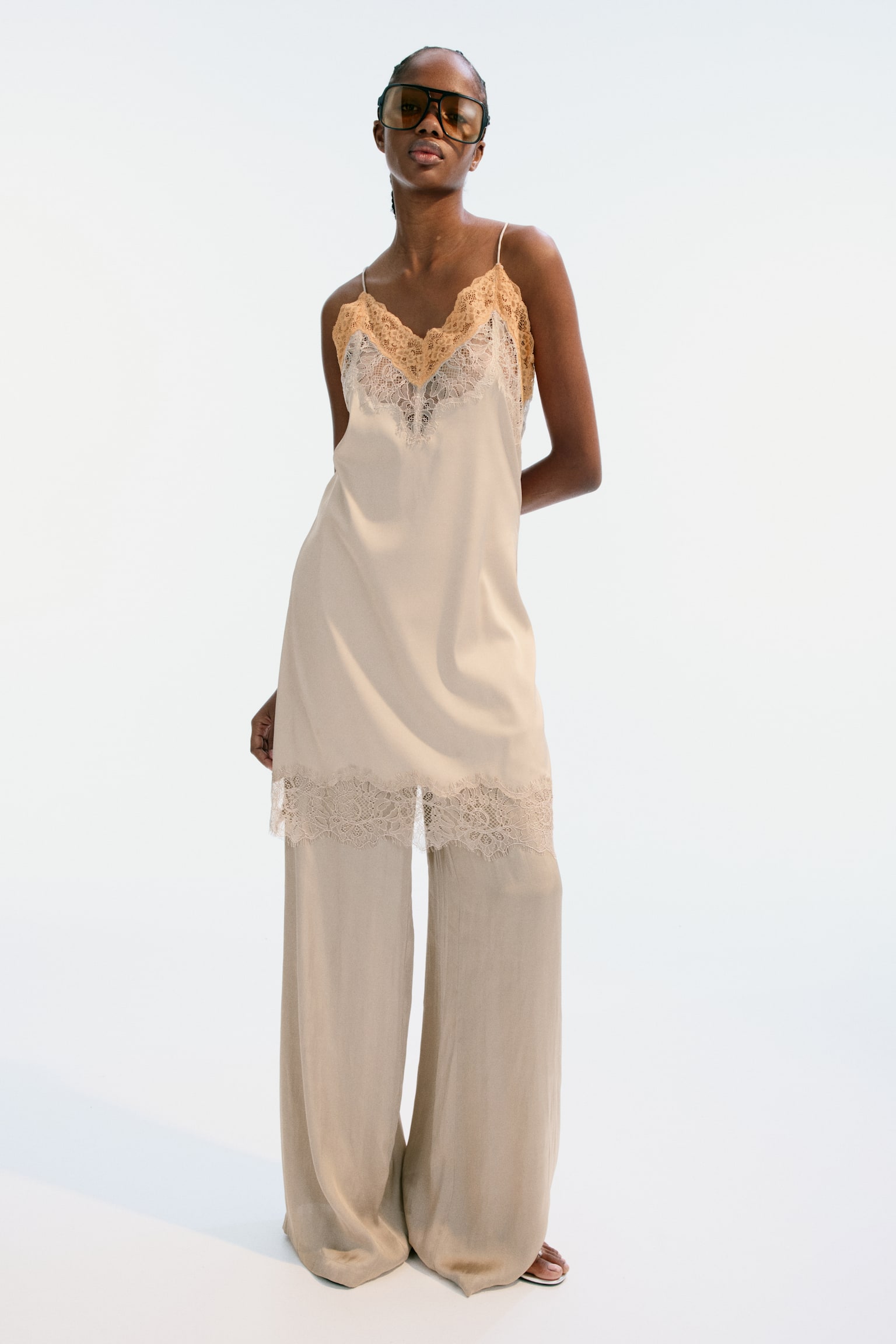Lace-trimmed satin dress - Beige/Orange/Black - 6