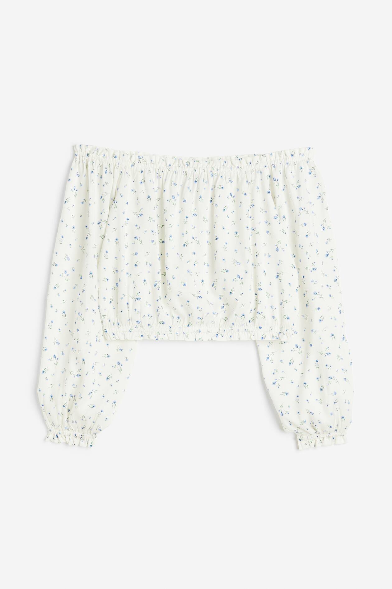 Offtheshoulder Blouse Long sleeve Short White/floral Ladies