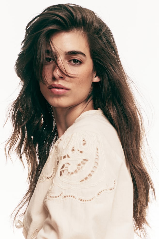 Veste en lin mélangé avec broderie anglaise-Beige clair - 5