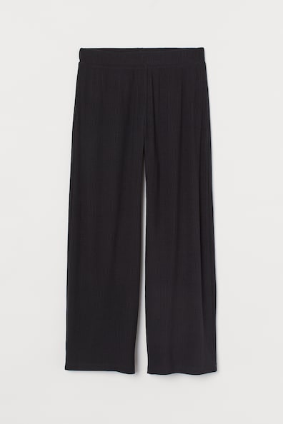 Ribbed trousers - High waist - Three-quarter length - Black - Ladies ...