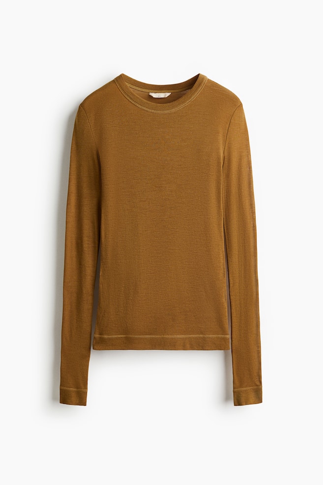 Pullover in maglia fine di lana - Giallo senape/Greige pallido/Marrone scuro - 1