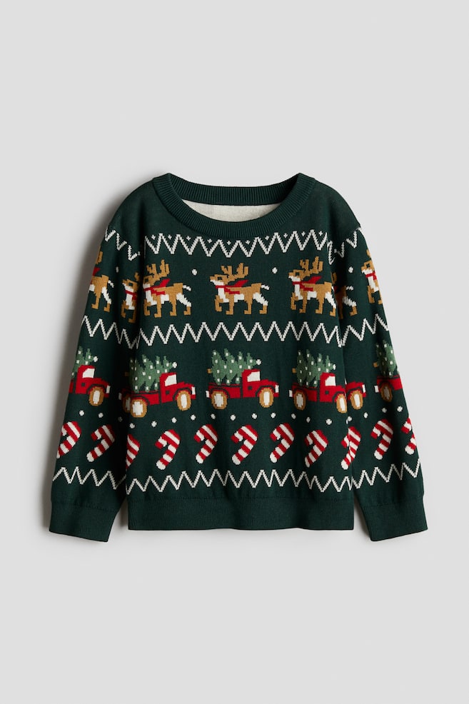 Pullover in maglia jacquard - Verde scuro/renne - 1