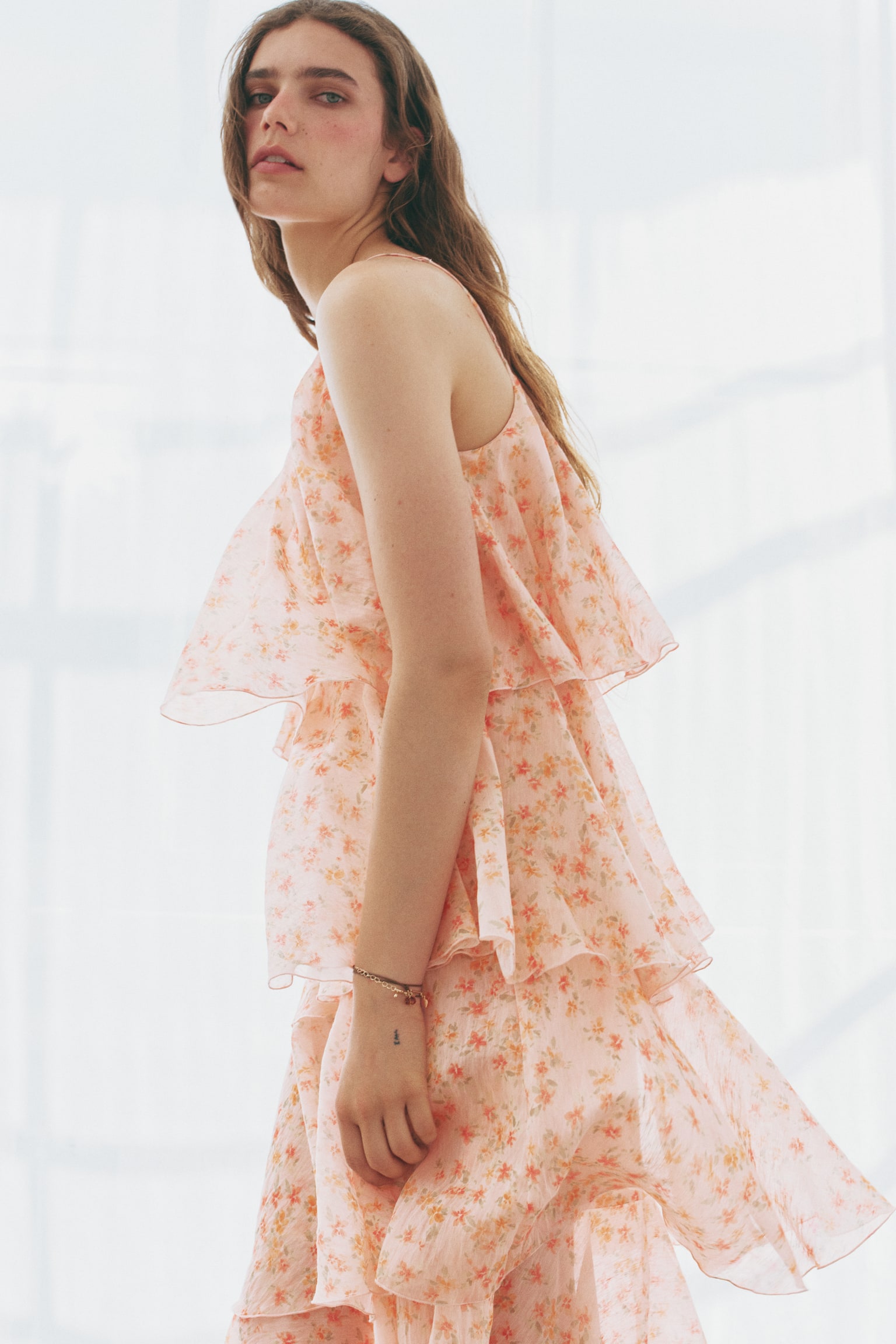 Tiered one-shoulder linen-blend dress - Light pink/Floral/Light pink/Floral - 1
