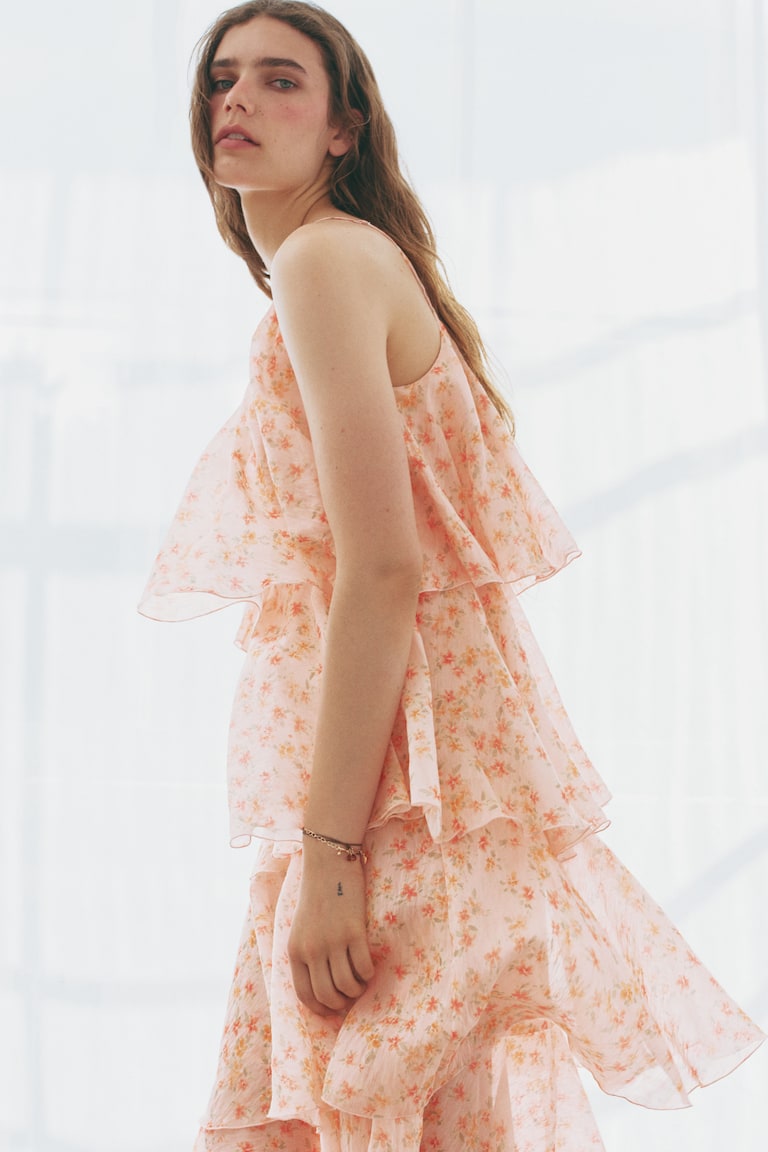 Women's Light pink/floral Tiered One-Shoulder Linen-Blend Dress | H&M US