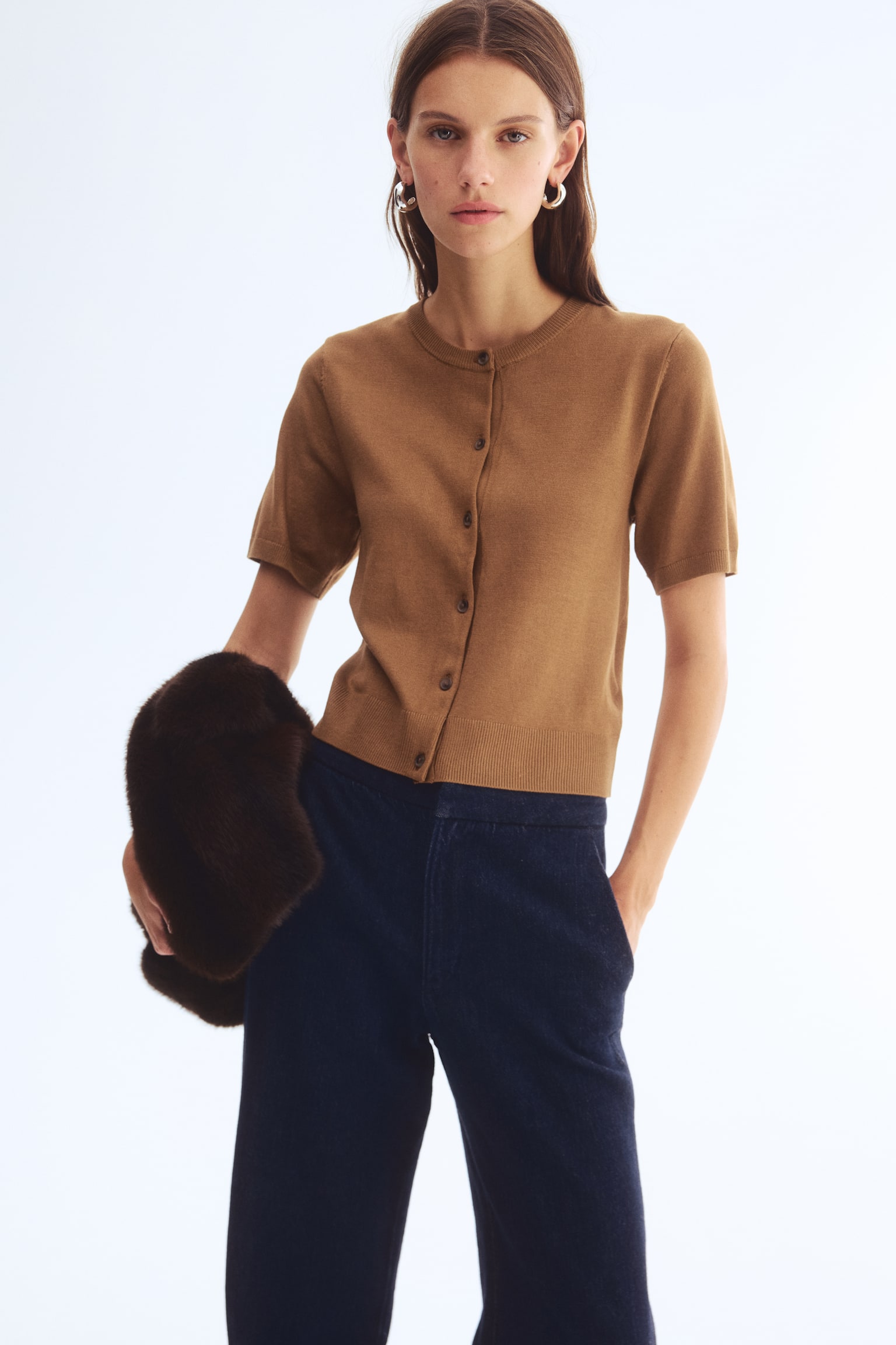 Short-sleeved cardigan - Dark beige/Red - 4