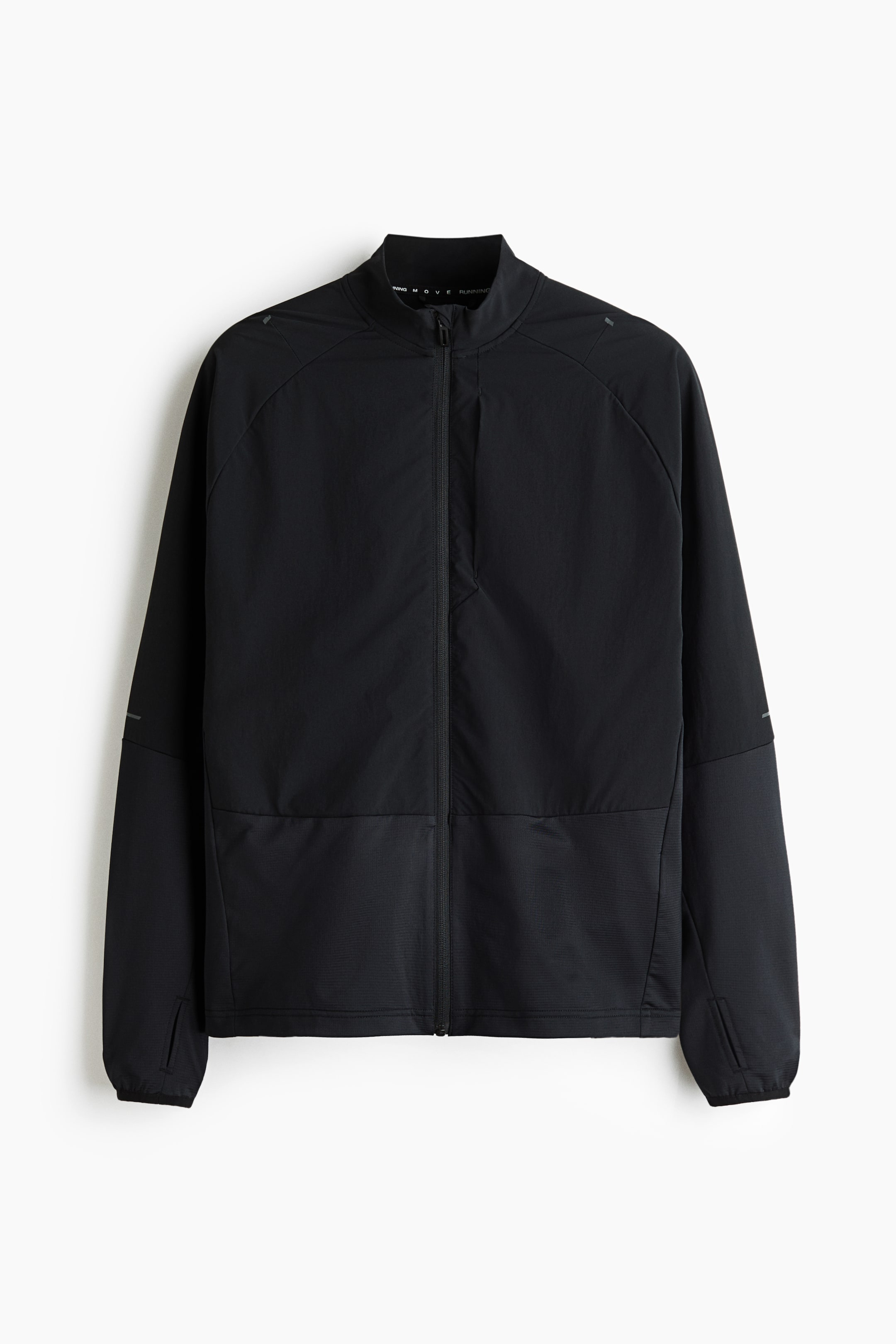 View larger image: A black athletic jacket is hanging front-facing, featuring a full-zip front fastening, a mock neck, and raglan sleeves. The jacket showcases a panelled design with a smooth upper body and a textured lower section, complemented by elasticated cuffs with slit details.