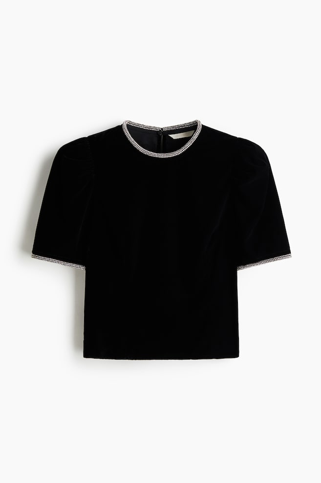 Rhinestone-Embellished Velvet Top - Black - 1
