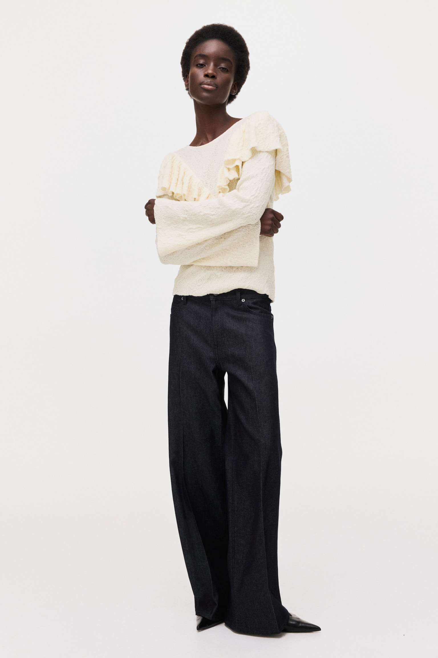 Textured-knit frill-trimmed top - Cream/Dark brown - 3