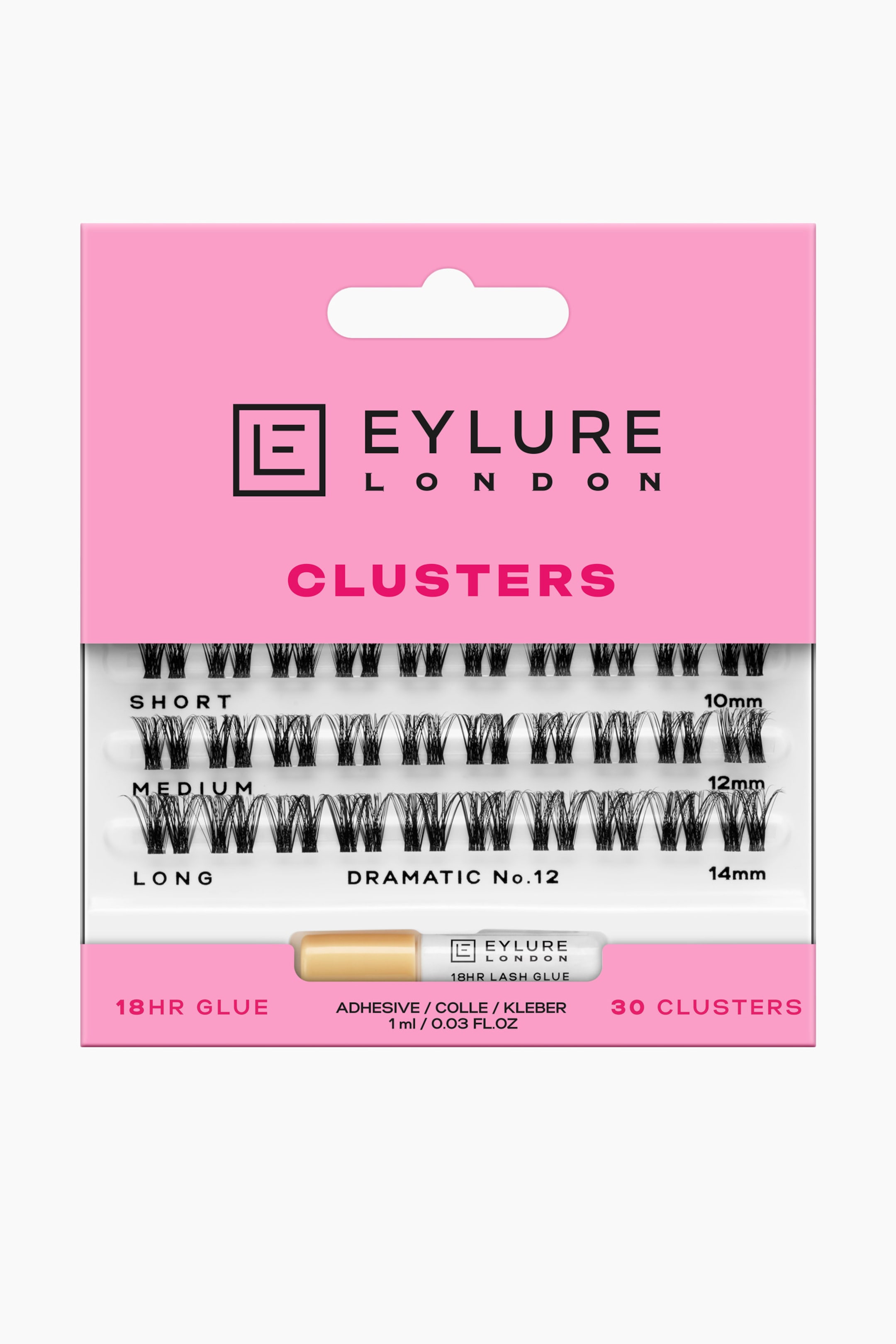 Visa större bild: Ett rosa och vitt Eylure London Clusters-paket visar tre rader med svarta enskilda franskluster, märkta korta (10 mm), medium (12 mm) och långa (14 mm), tillsammans med en liten tub 18HR franslim, allt vänt rakt framåt.